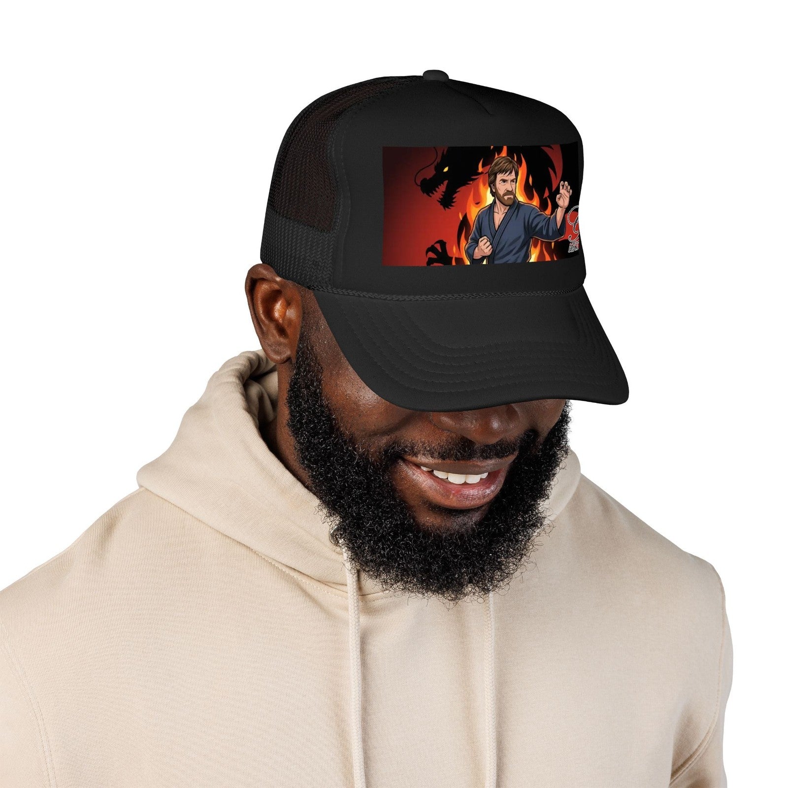Martial Artist Chuck Norris Flames Foam Trucker Hat | Dragon Silhouette Panel