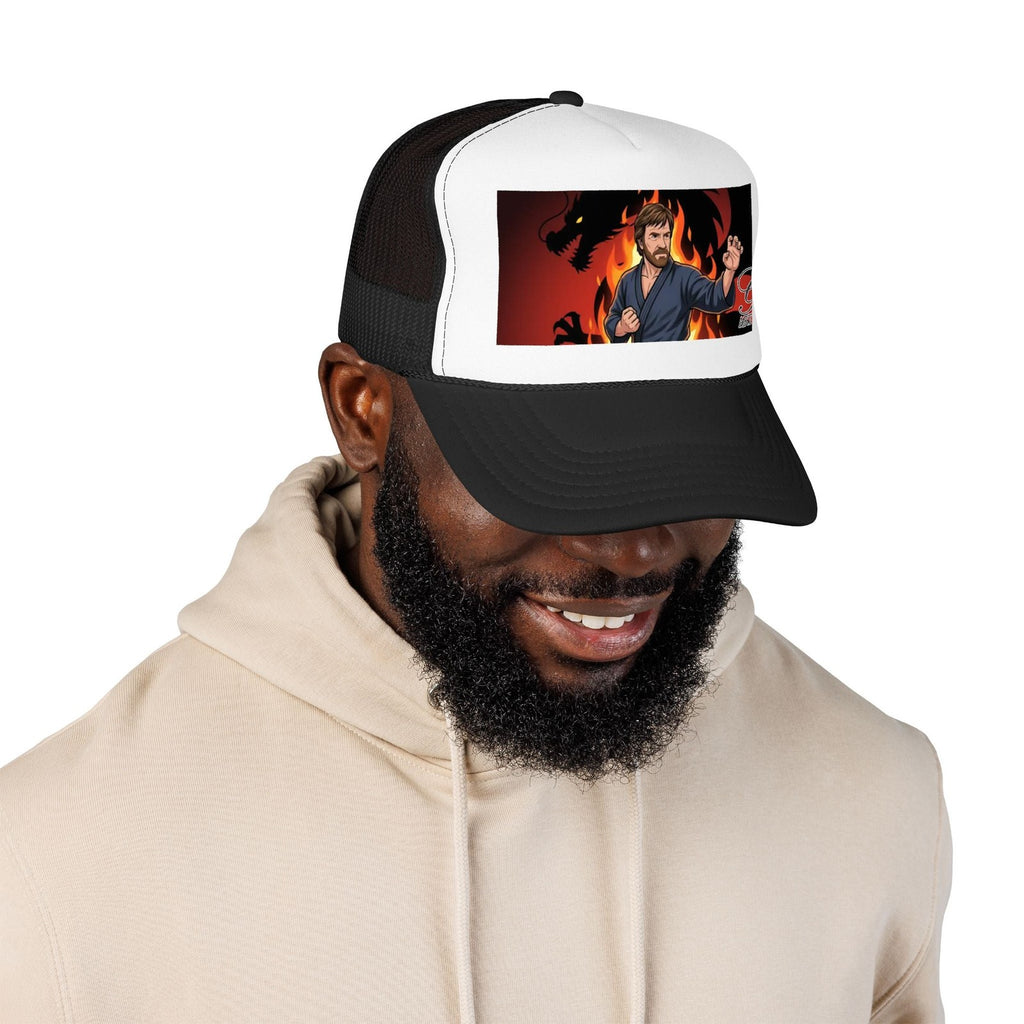 Martial Artist Chuck Norris Flames Foam Trucker Hat | Dragon Silhouette Panel