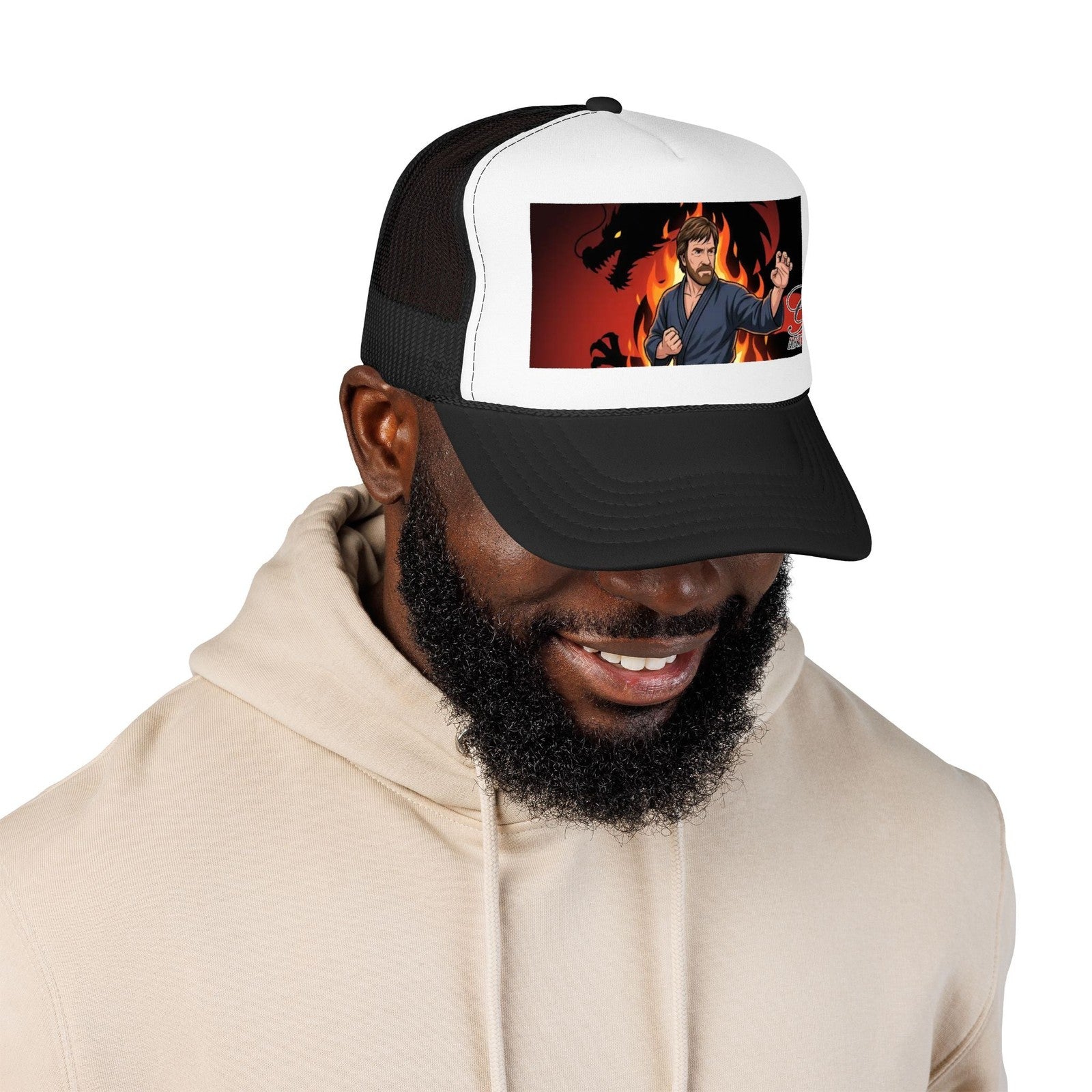Martial Artist Chuck Norris Flames Foam Trucker Hat | Dragon Silhouette Panel