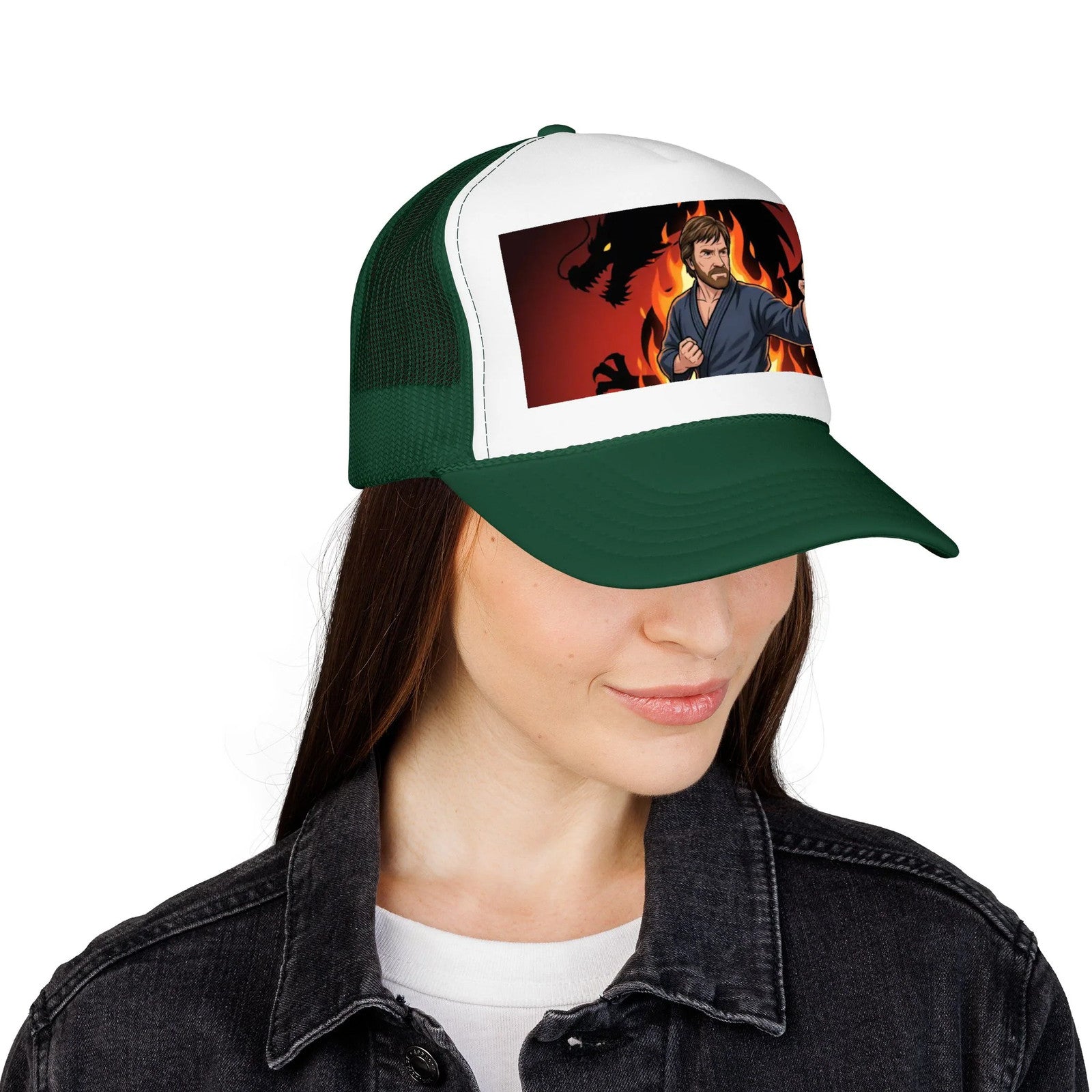 Martial Artist Chuck Norris Flames Foam Trucker Hat | Dragon Silhouette Panel