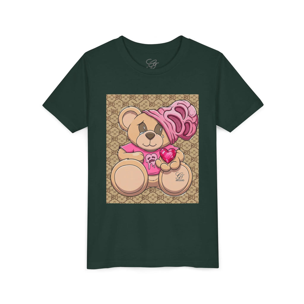 Pink Teddy Bear Holding Heart Youth Tee | Cute Bear Graphic by GT Artland