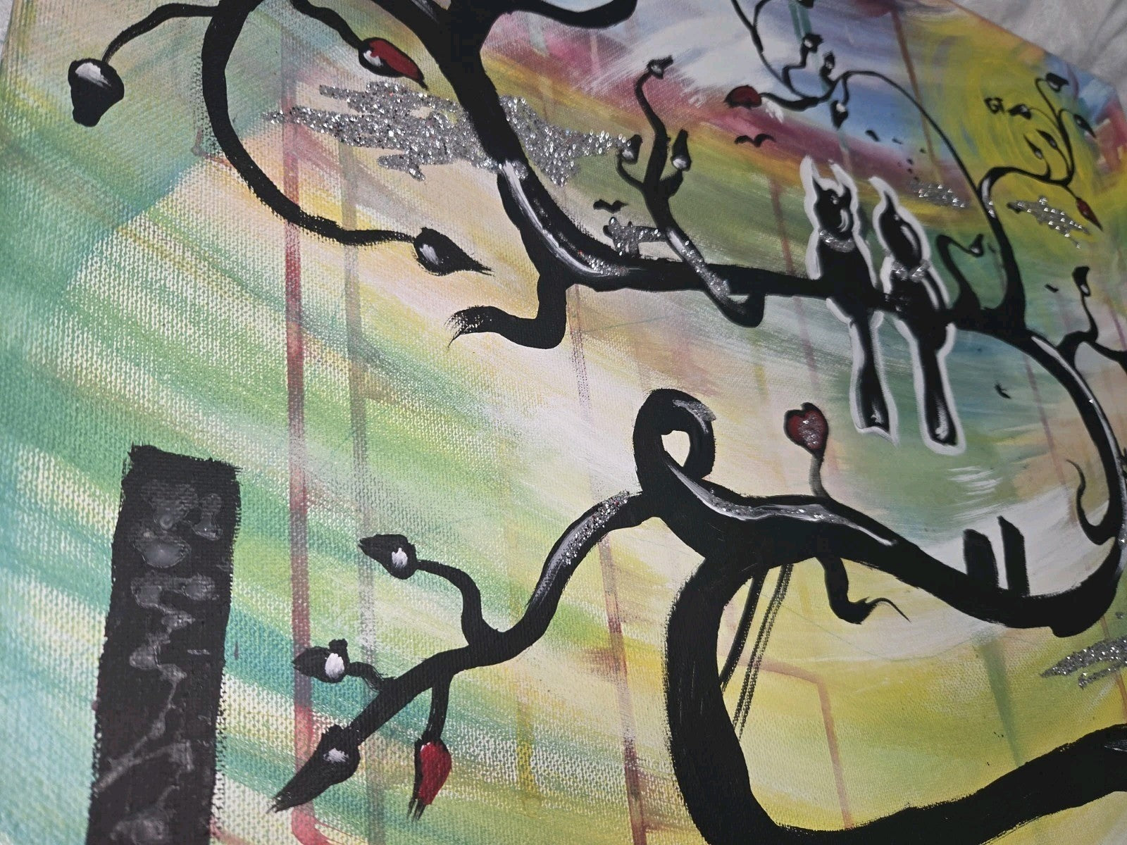 Bird LOVE COUPLE Painting URBAN STYLE RETRO   16 X 20 W Glitter Sparkle SIGNED