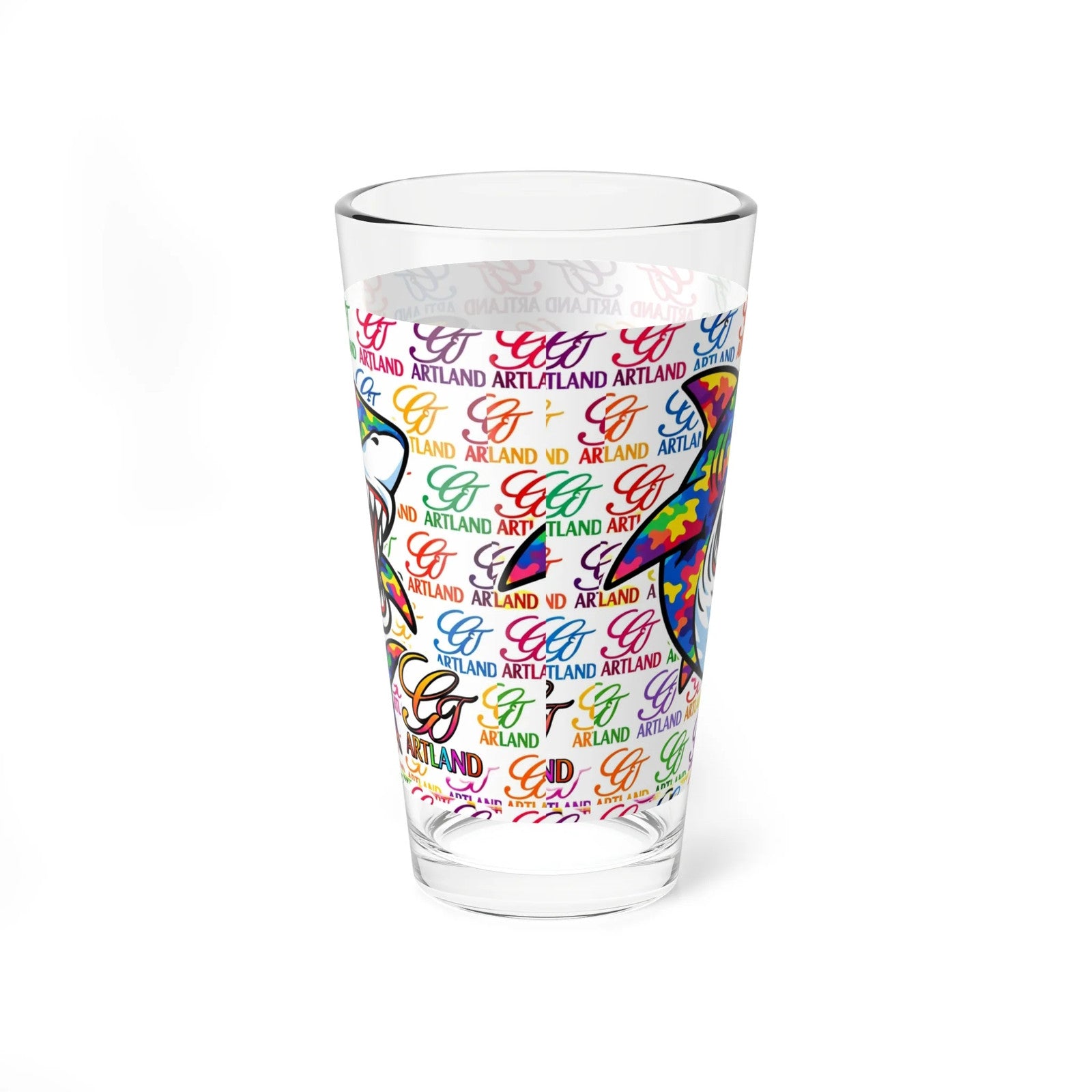 Colorful Shark Illustration Mixing Glass | 16oz Pint Glass, Rainbow Sea Life