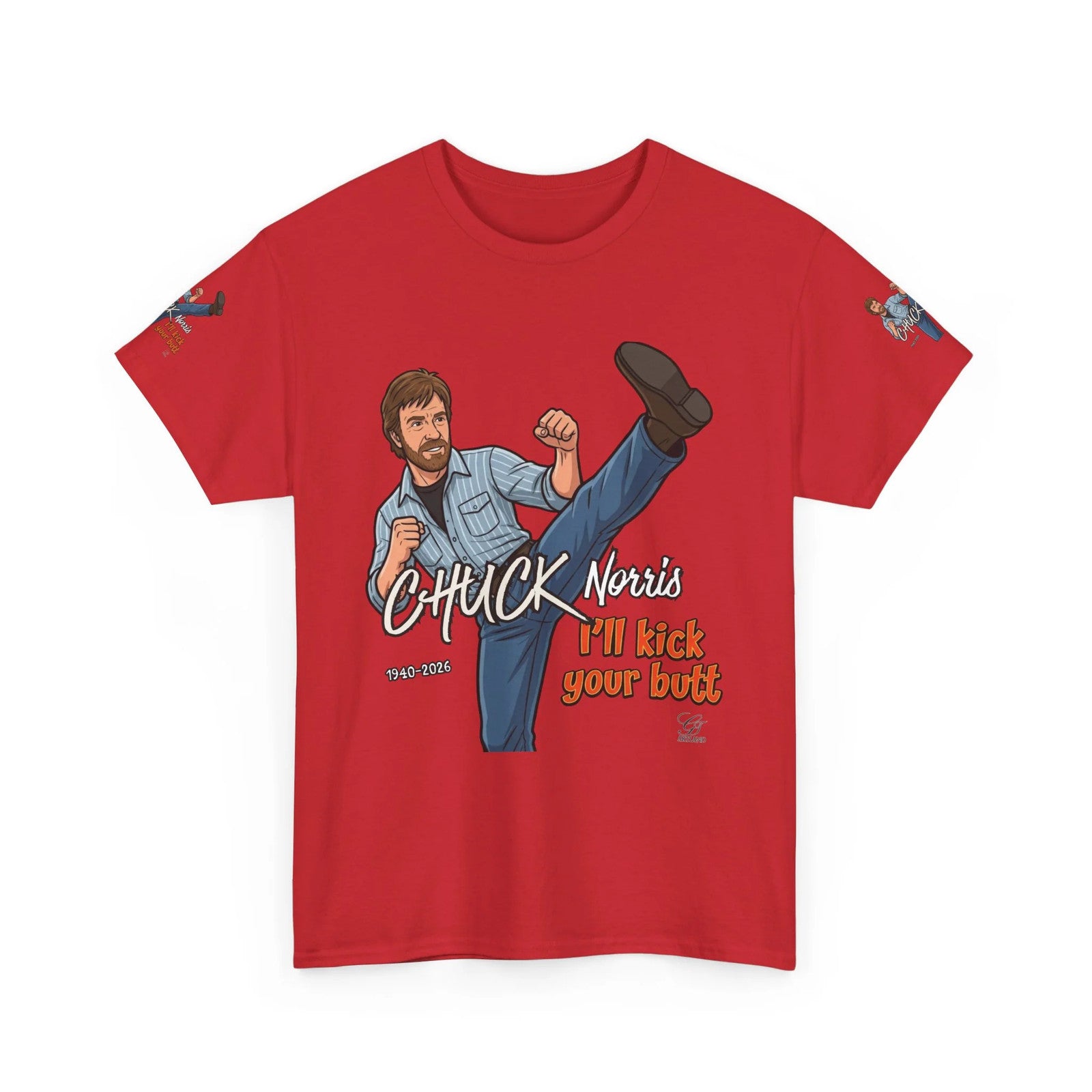 Chuck Norris kick illustration T-Shirt | I'll kick your butt slogan designer by