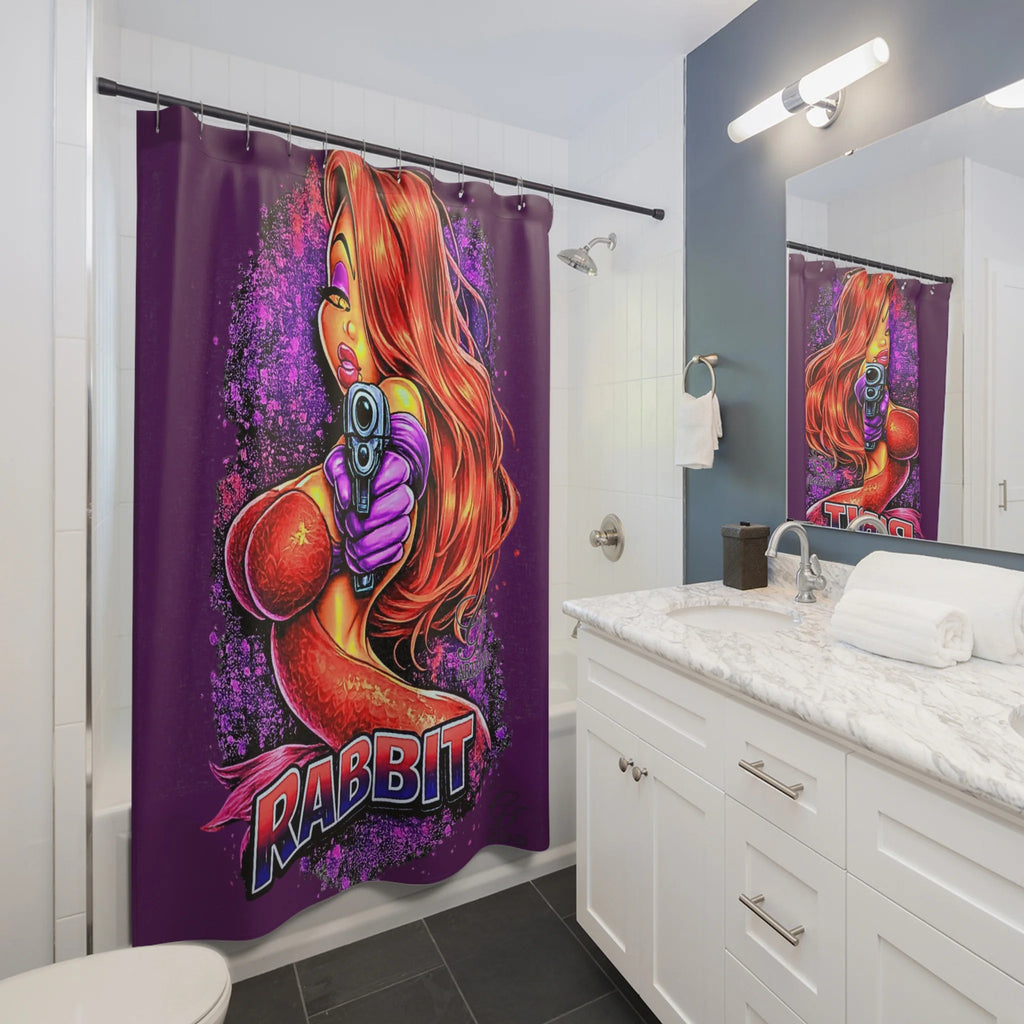Red-Haired Rabbit Femme Vixen Fatale with Gun Shower Curtain | Bold Pinup Art