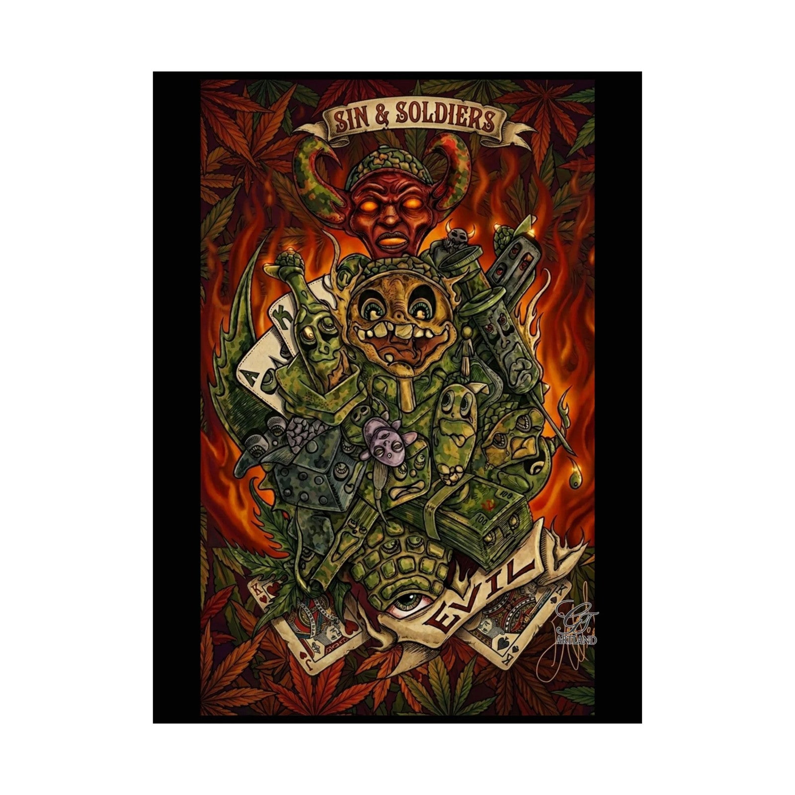 Sin & Soldiers poster | psychedelic horror artwork, flames & skulls vertical