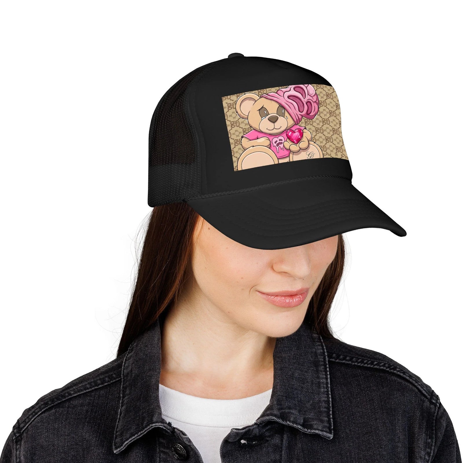 Pink Teddy Bear Heart Foam Trucker Hat | Cute Bear Patch by GT Artland