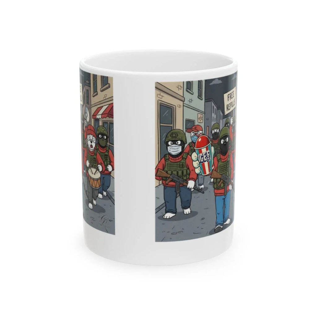 ICE Protest Free Refills Ceramic Mug, (11oz, 15oz) by GT Artland