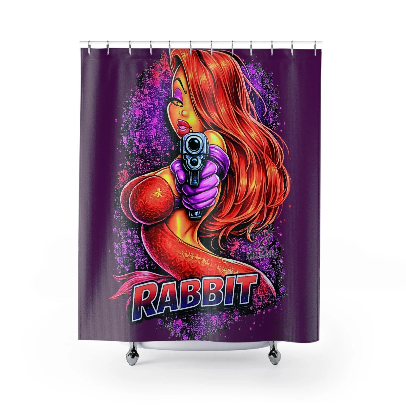 Red-Haired Rabbit Femme Vixen Fatale with Gun Shower Curtain | Bold Pinup Art