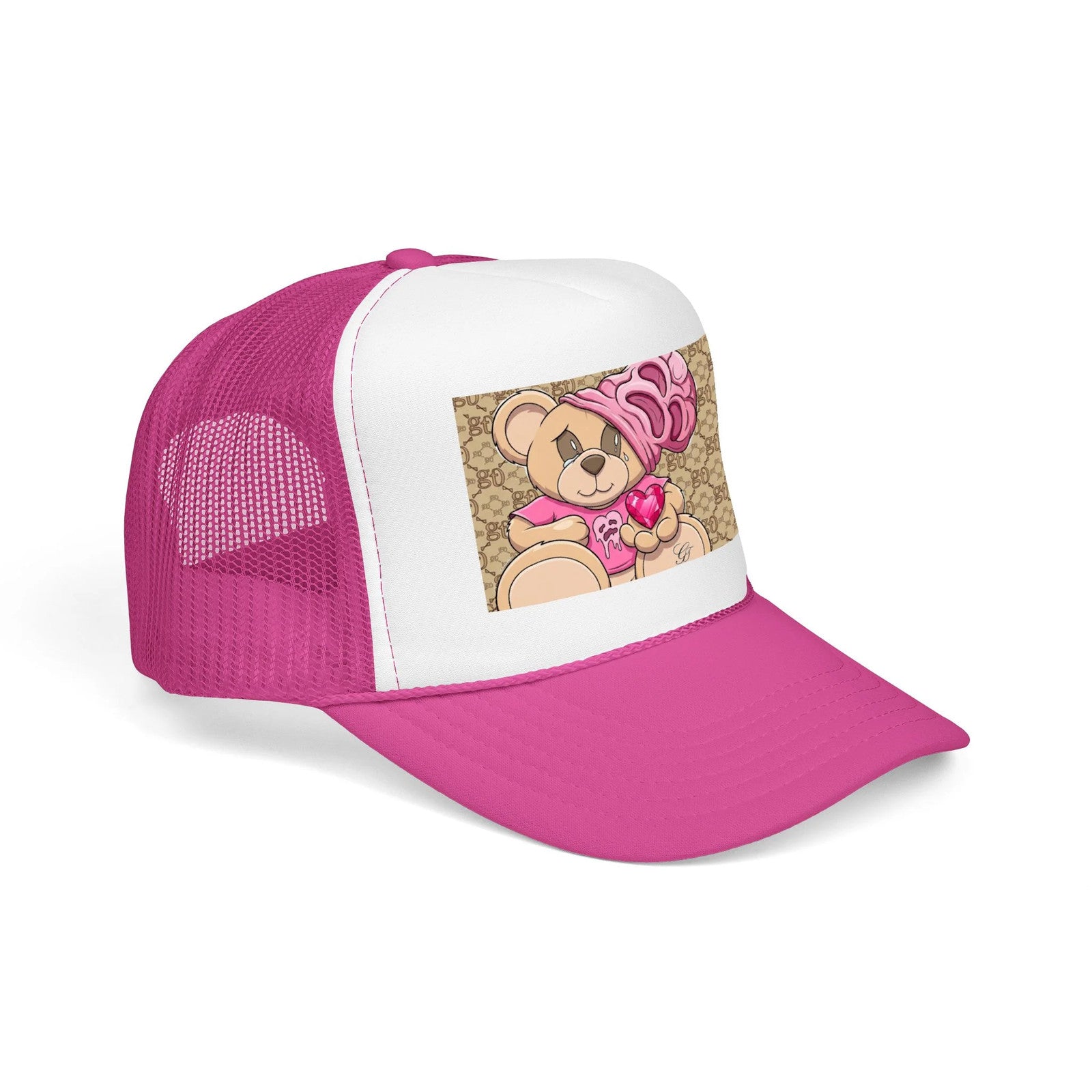 Pink Teddy Bear Heart Foam Trucker Hat | Cute Bear Patch by GT Artland