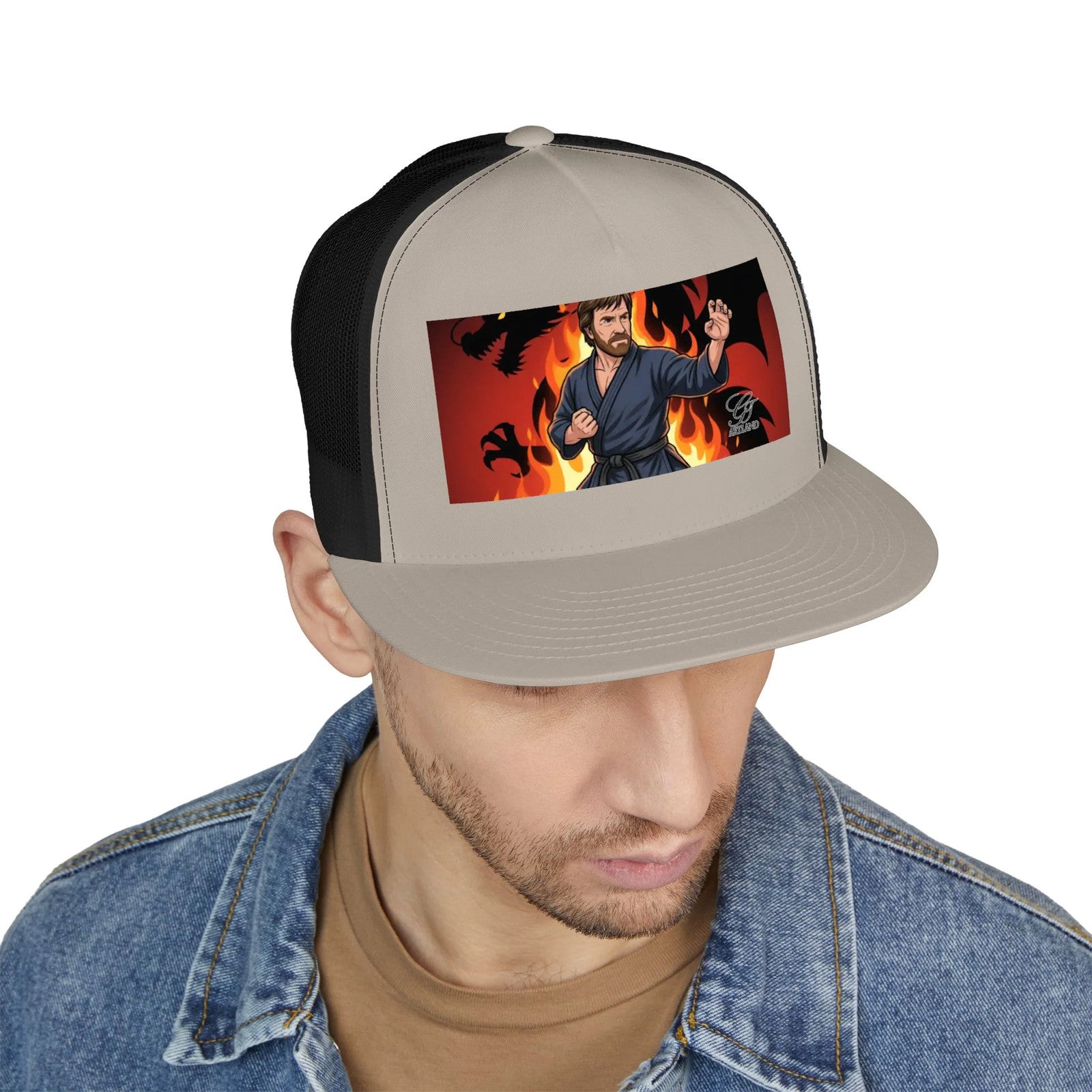 Martial Artist Chuck Norris Flames Trucker Cap | Karate Fighter Illustration,