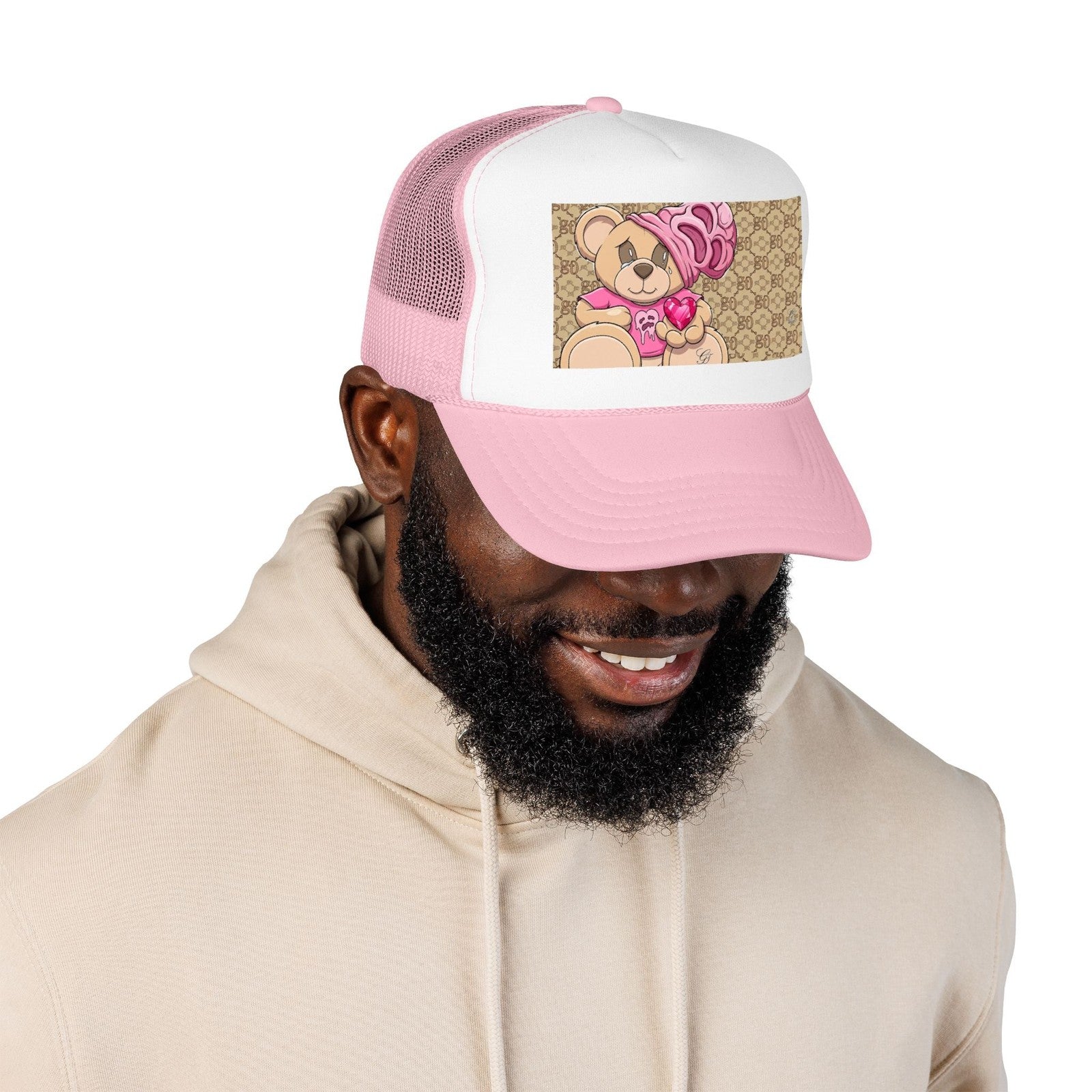 Pink Teddy Bear Heart Foam Trucker Hat | Cute Bear Patch by GT Artland