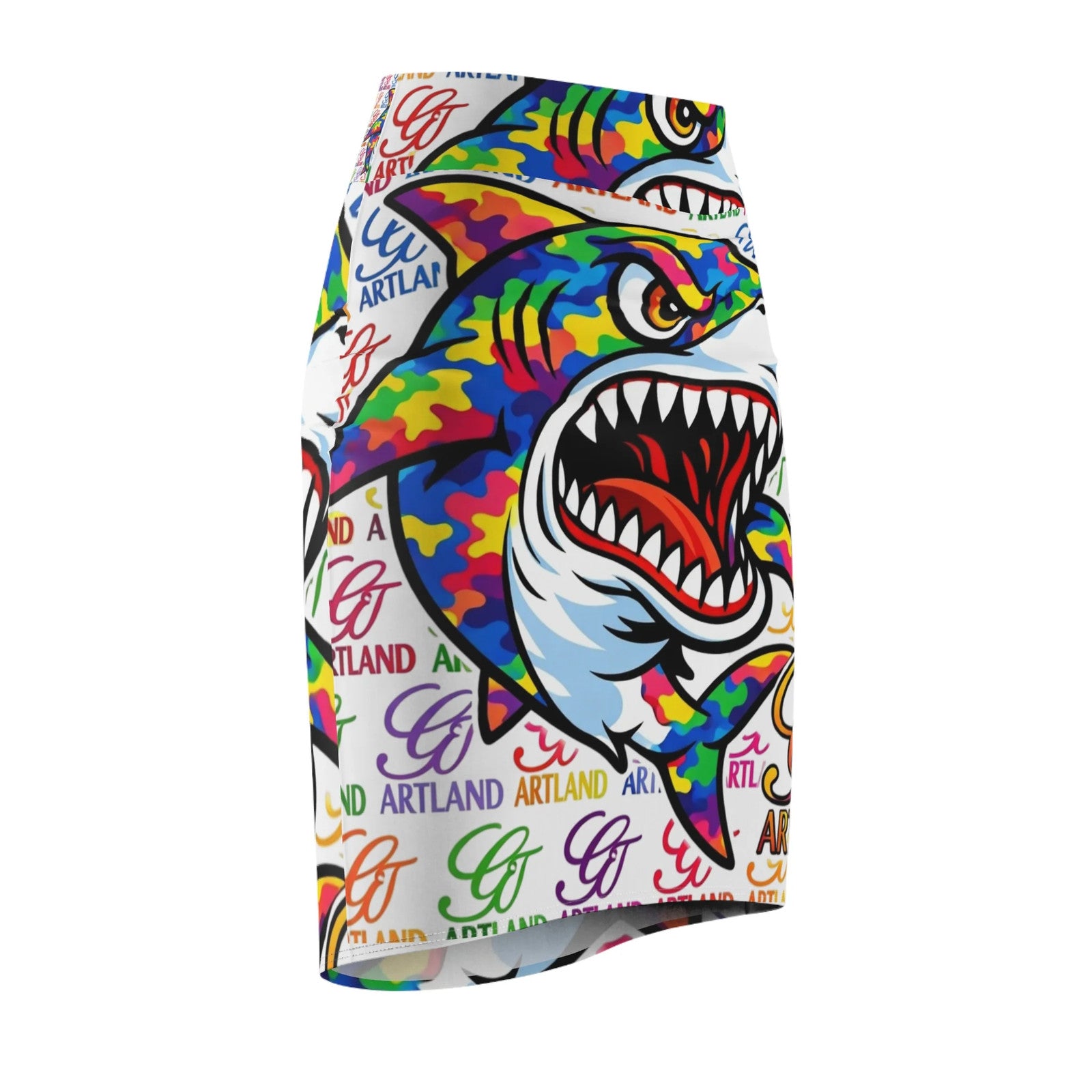 Colorful High Fashion Designer Shark GT Graphic Pencil Skirt | Vibrant Pop Art