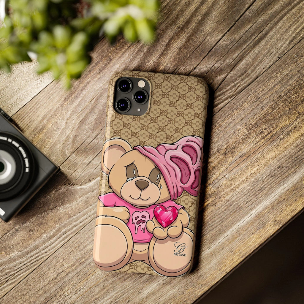Pink Heart Teddy Bear Slim Phone Case | Designer Monogram Background by GT