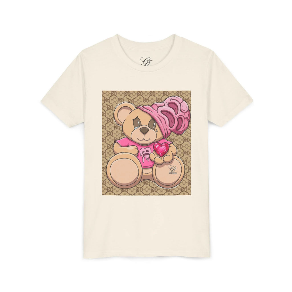 Pink Teddy Bear Holding Heart Youth Tee | Cute Bear Graphic by GT Artland