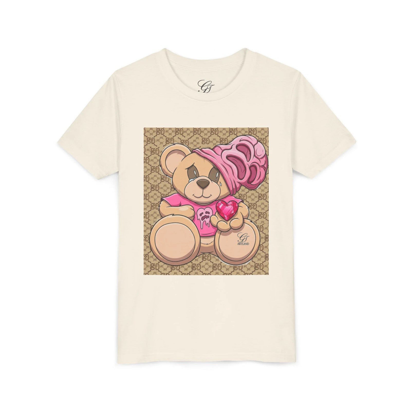 Pink Teddy Bear Holding Heart Youth Tee | Cute Bear Graphic by GT Artland