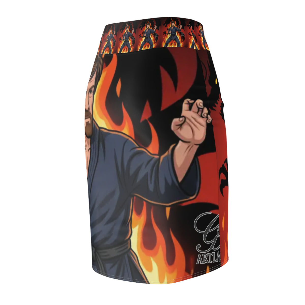 Martial Artist Chuck Norris in Flames Pencil Skirt | Karate Fighter Fire Design by GT Artland