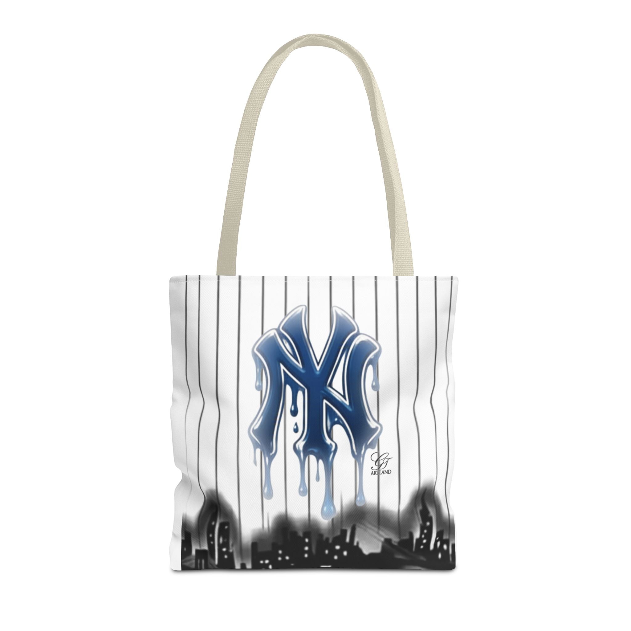 Drip NY Fan Gear Logo Pinstripe Tote Bag — Urban Baseball Cityscape by GT Artland