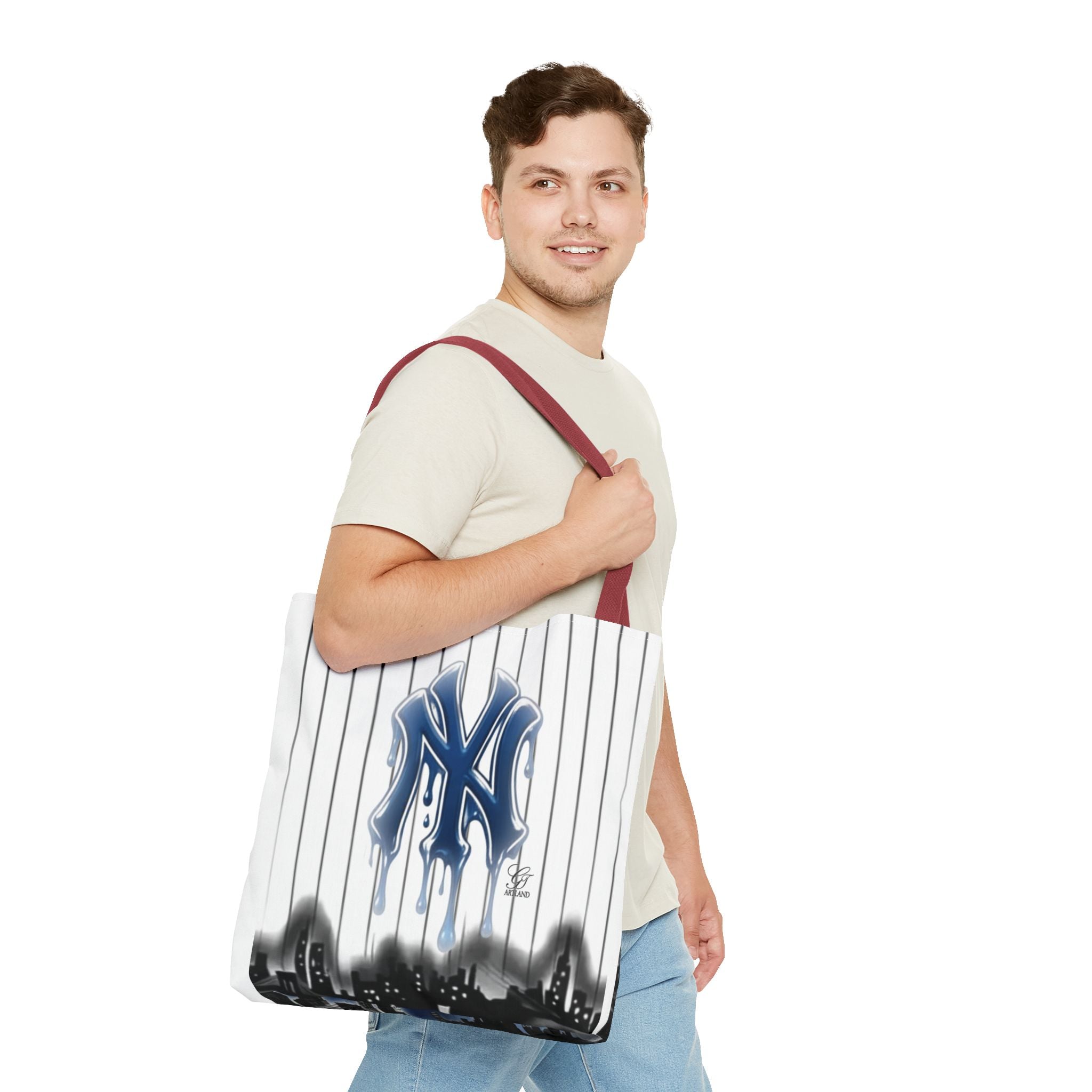 Drip NY Fan Gear Logo Pinstripe Tote Bag — Urban Baseball Cityscape by GT Artland