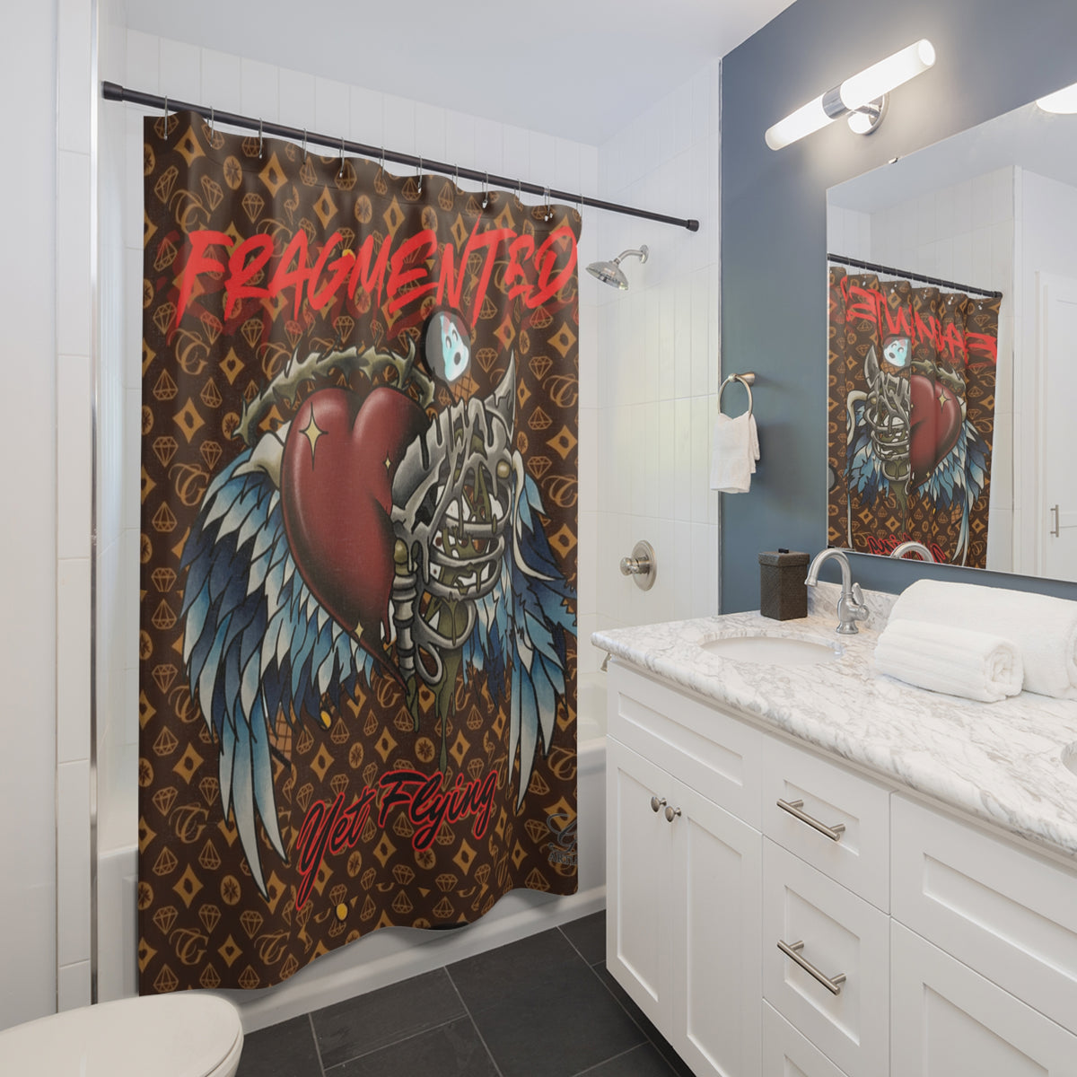 Fragmented Heart Winged Skeleton Designer Shower Curtain | Gothic Tattoo Art by GT Artland
