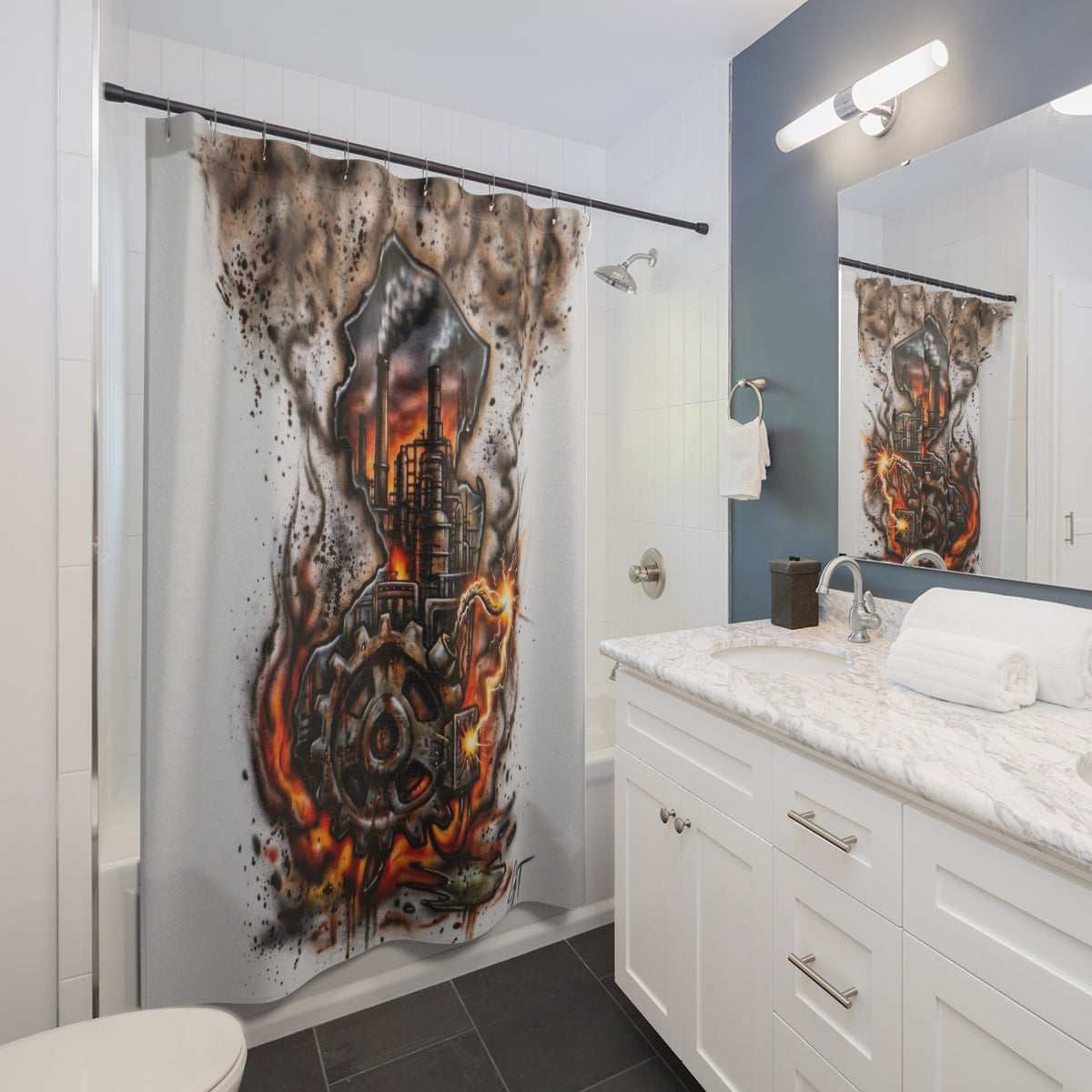 Industrial Factory New Jersey Skyline Shower Curtain | Smokestack Heatwave Urban Art by GT Artland