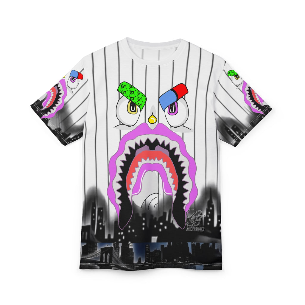 Shark Face Designer Graphic Tee | All-Over Print City Skyline Jersey Style by GT Artland