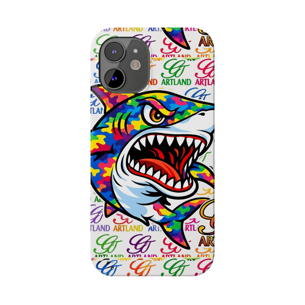Colorful Camo Designer Shark GT Slim Phone Case | Vibrant Graphic, Artland Logo Background by GT Artland