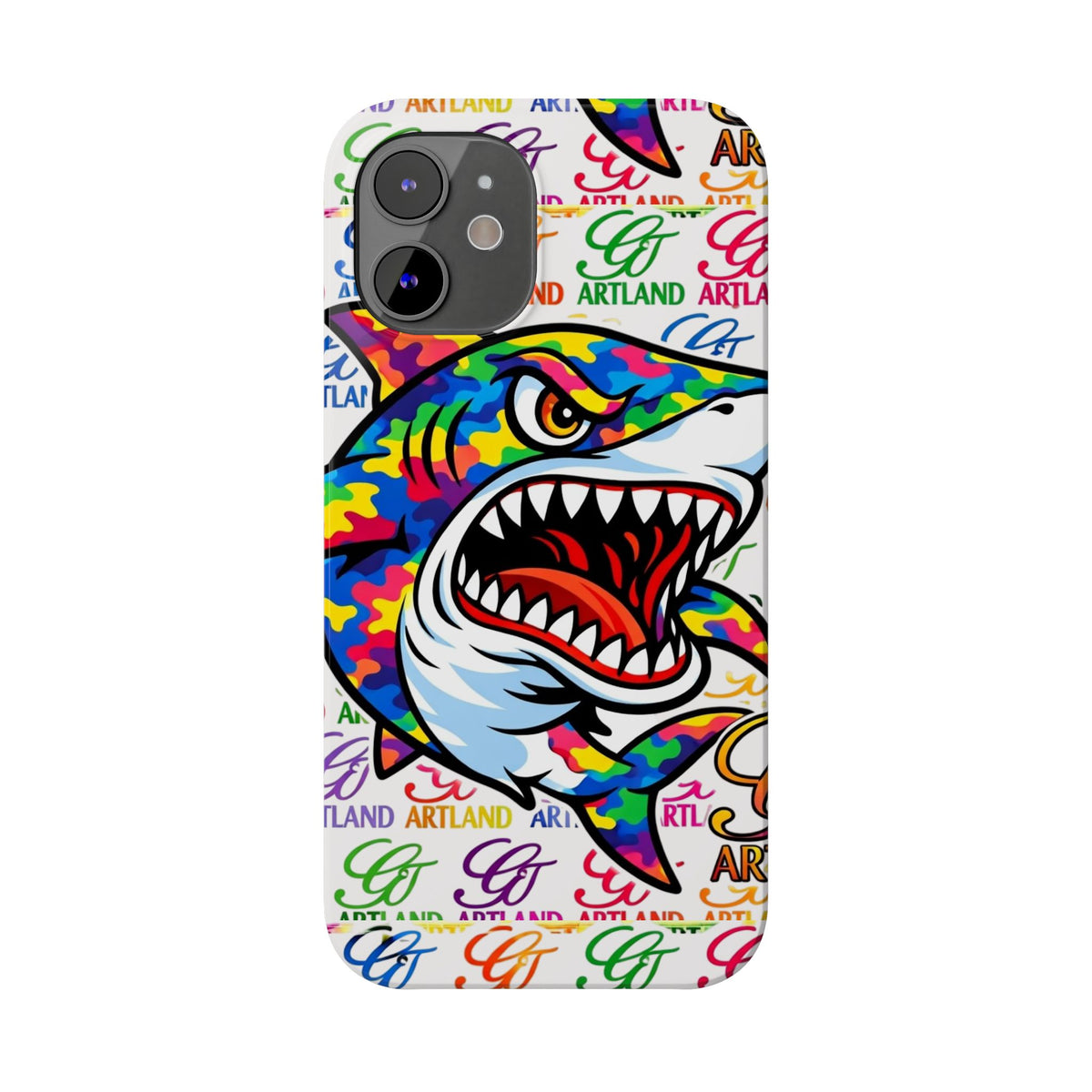 Colorful Camo Designer Shark GT Slim Phone Case | Vibrant Graphic, Artland Logo Background by GT Artland