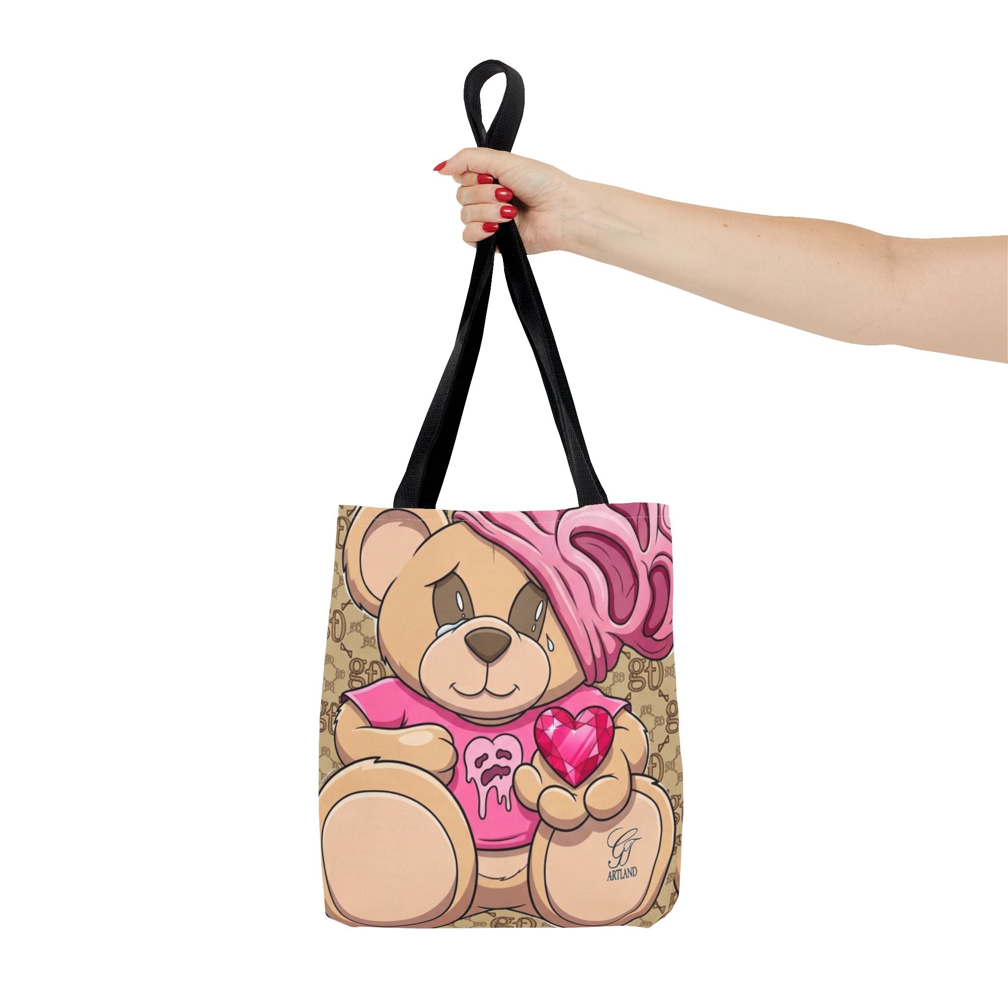Cute Teddy Heart Tote Bag – Pink Teddy Holding Tote Bag by GT Artland