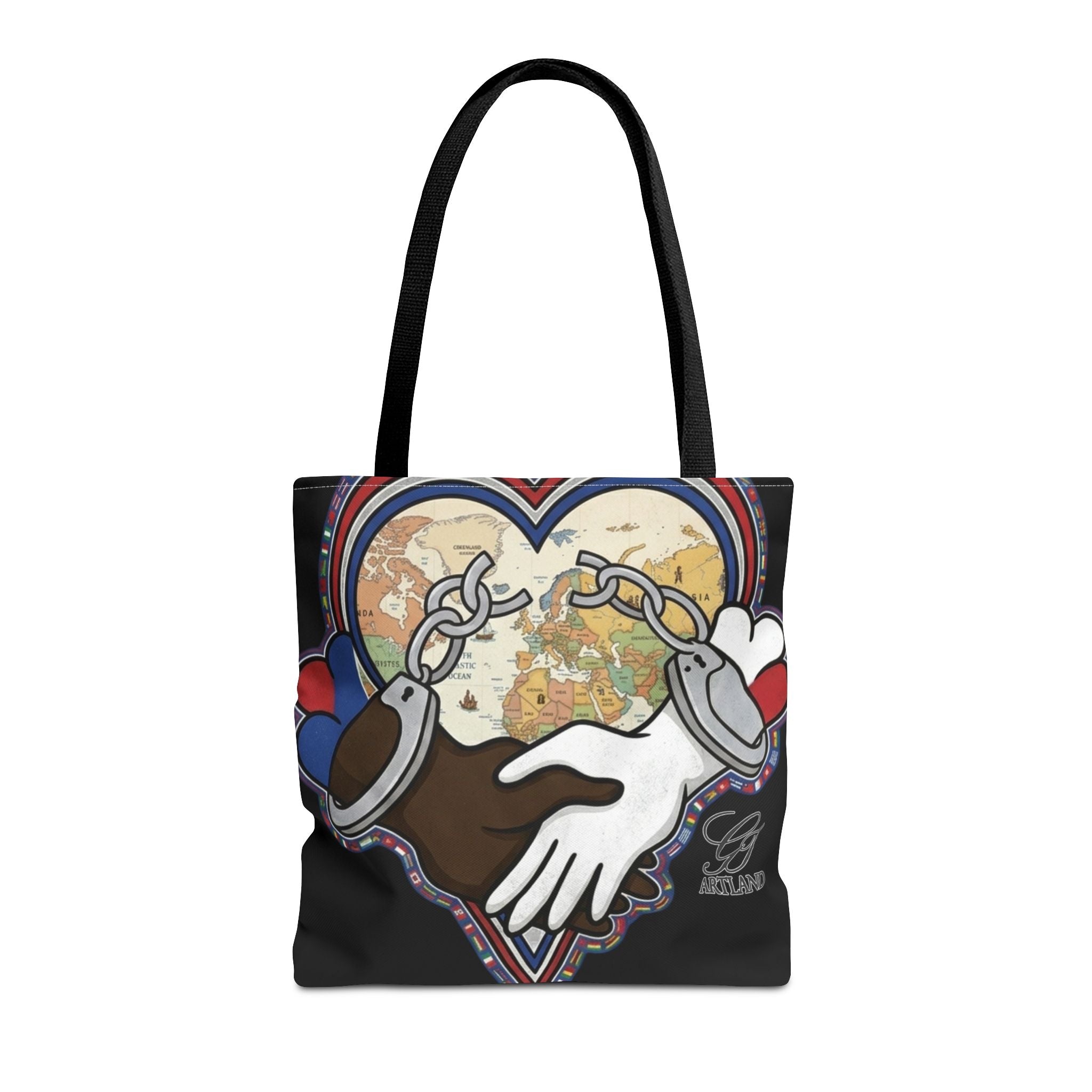 Interracial Unity Heart Handcuffs Tote Bag | All-Over Print by GT Artland