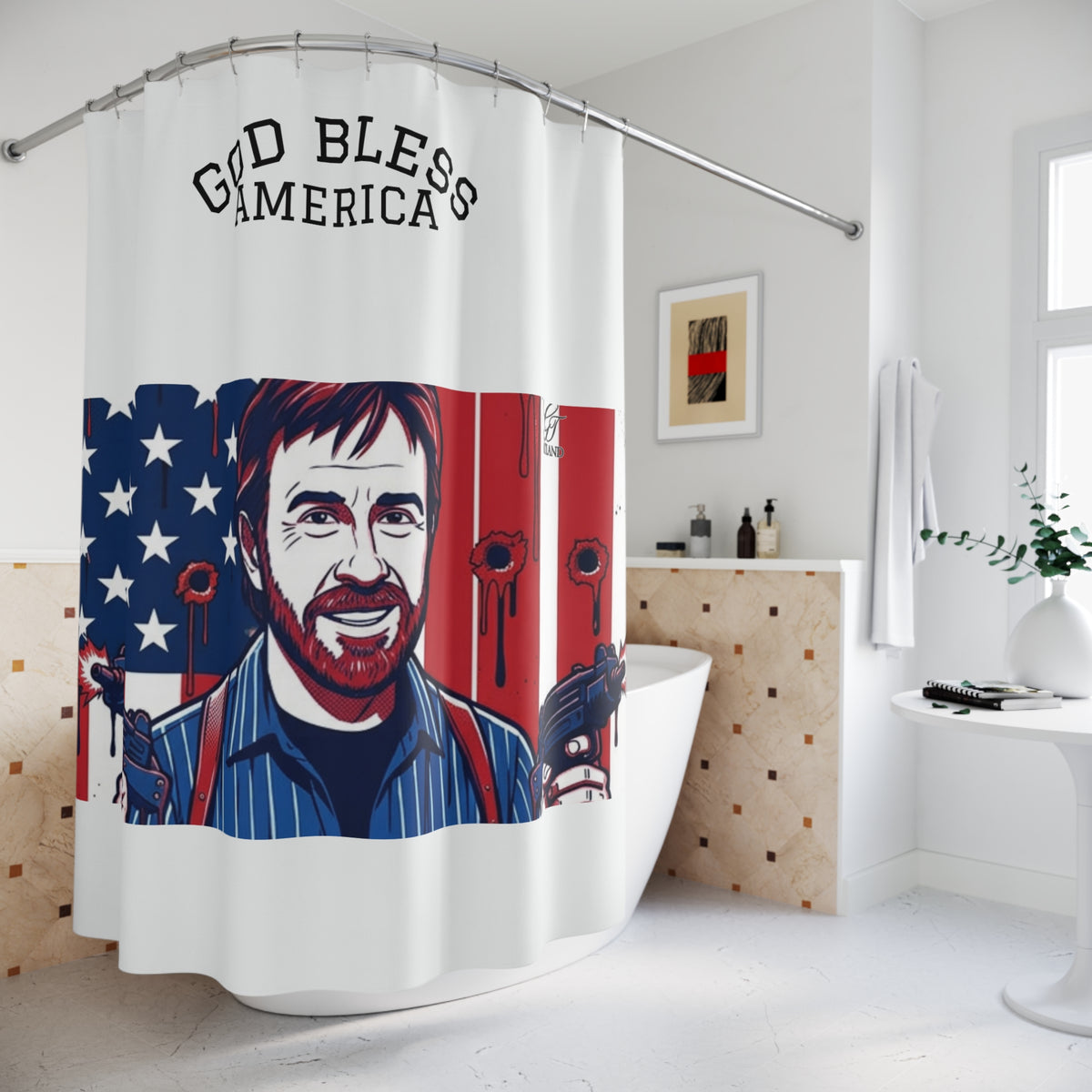 God Bless America Chuck Norris Shower Curtain | Patriotic Flag Bathroom Decor