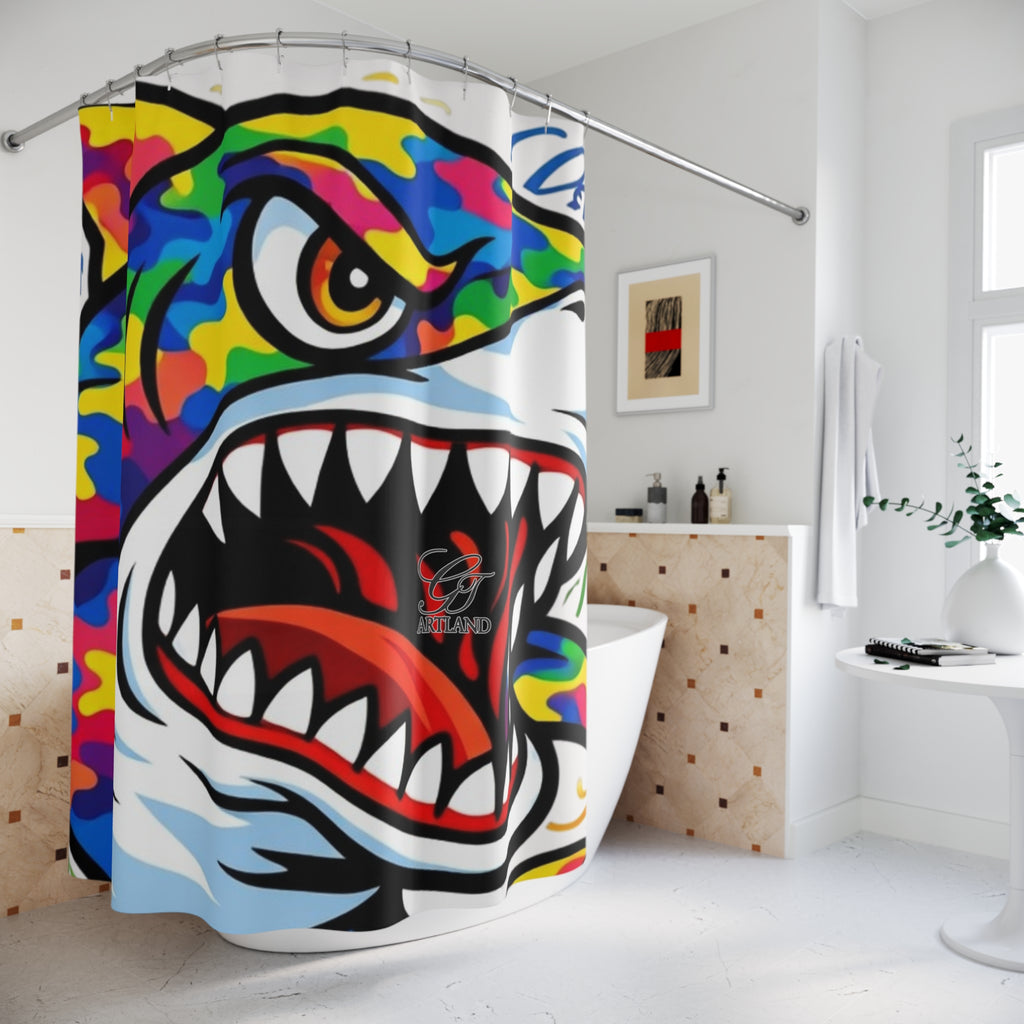 Colorful Camouflage Designer Killa Shark GT Shower Curtain | Bold Ocean Art, Whale Shark Print by GT Artland