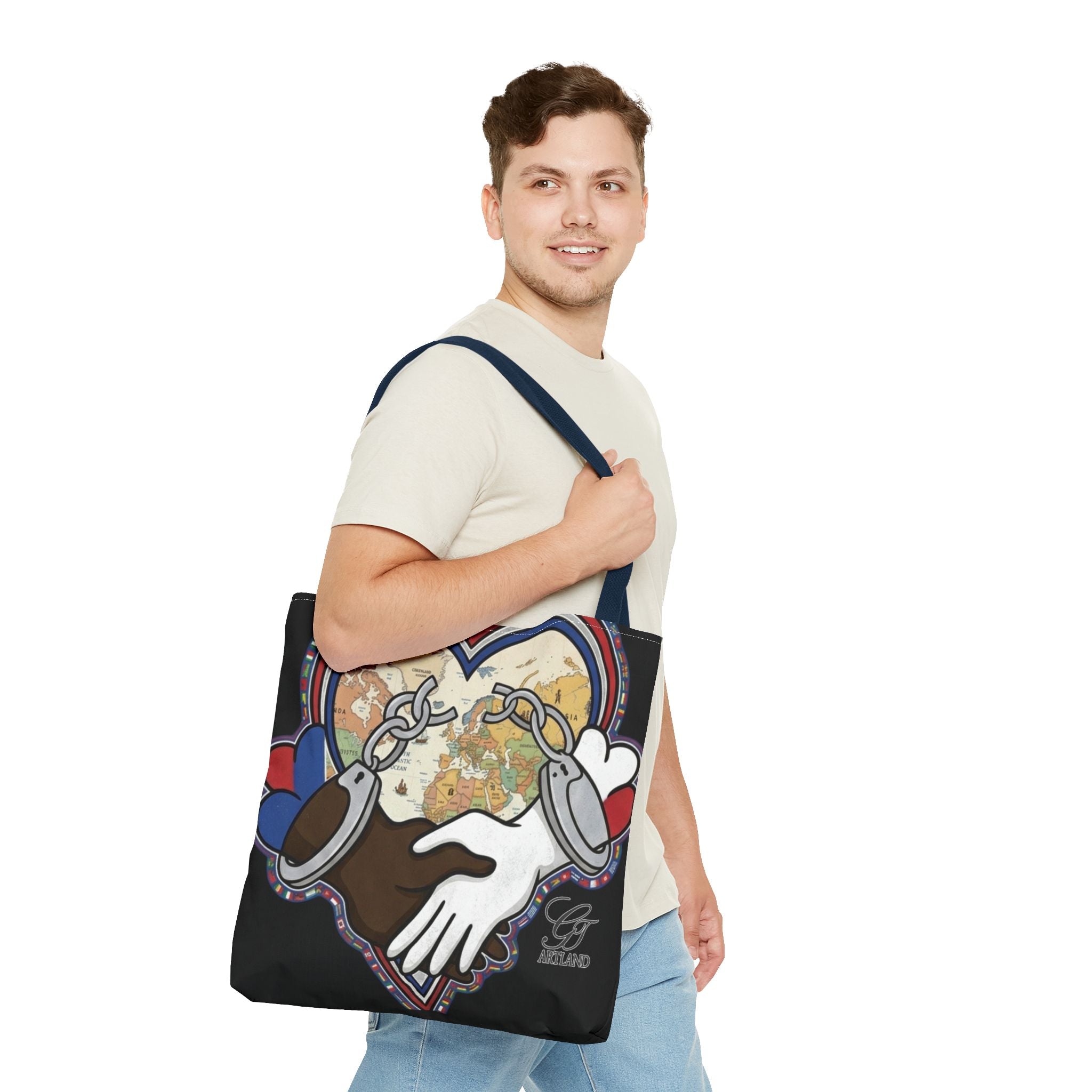 Interracial Unity Heart Handcuffs Tote Bag | All-Over Print by GT Artland