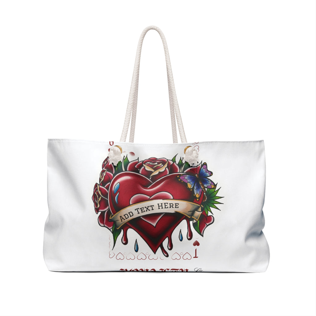 Traditional Tattoo Heart Vintage Designer Rose Art Weekender Bag | Custom Name Banner, Roses & Butterfly by GT Artland