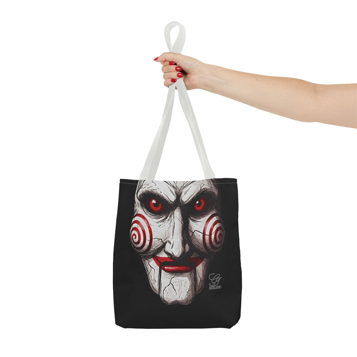 Doll Clown Horror Designer Face Tote Bag | Creepy Red Swirl Puppet Design by GT Artland