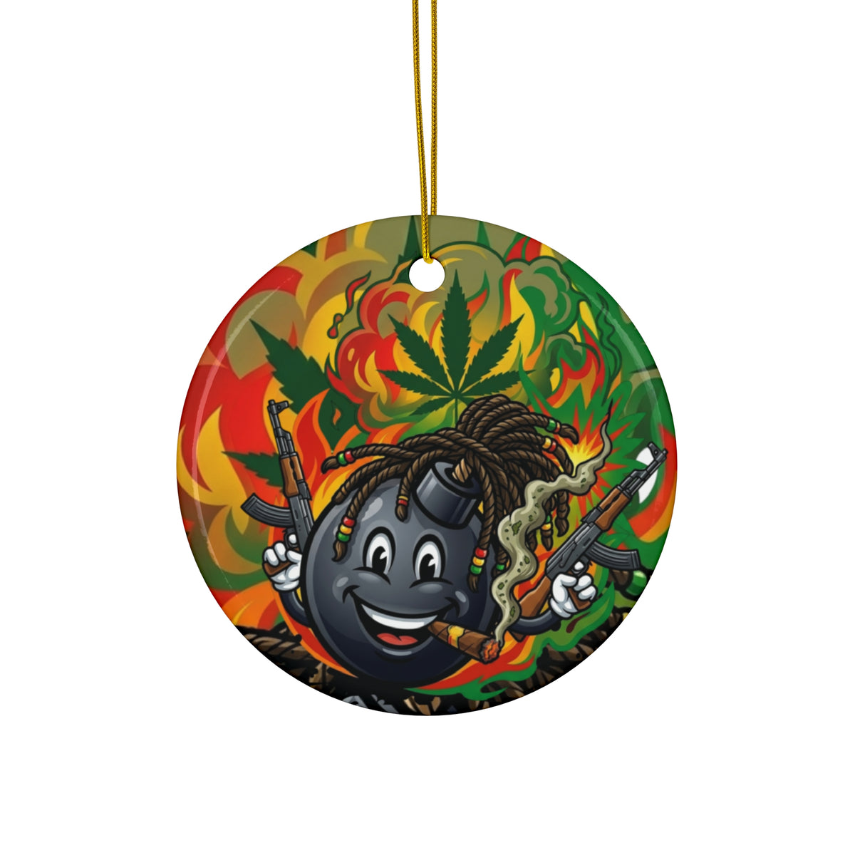 Rasta Bomb Character Ceramic Ornament — Cannabis Leaf Holiday Decoration by GT Artland