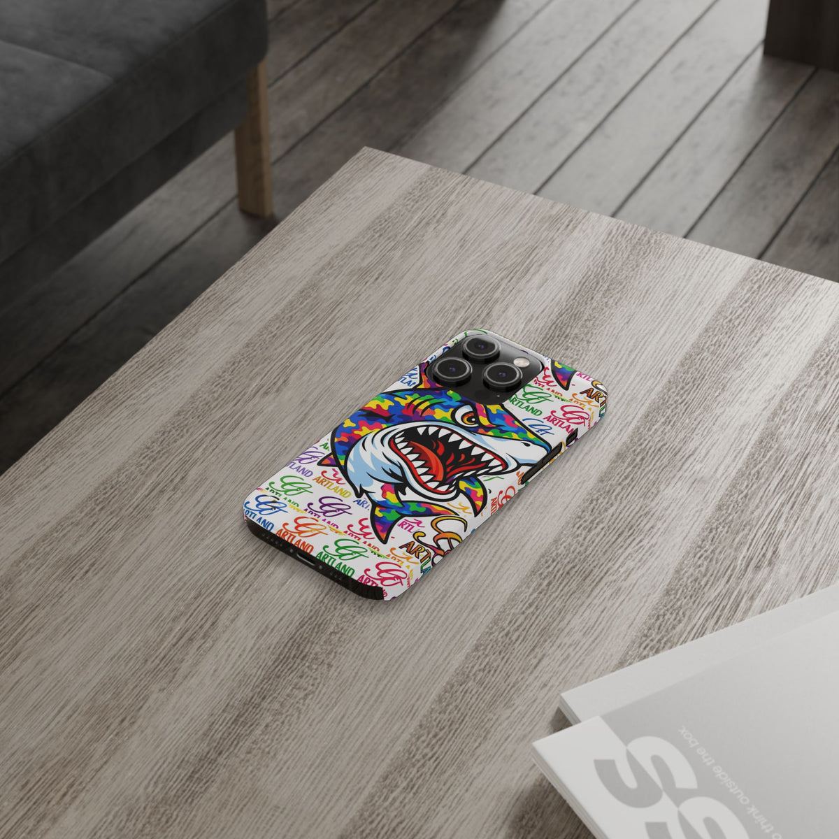 Colorful Camo Designer Shark GT Slim Phone Case | Vibrant Graphic, Artland Logo Background by GT Artland