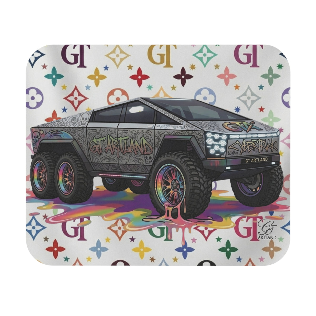 Cybertruck Art Car Mouse Pad | Rainbow Drip Luxury Monogram Background by GT Artland