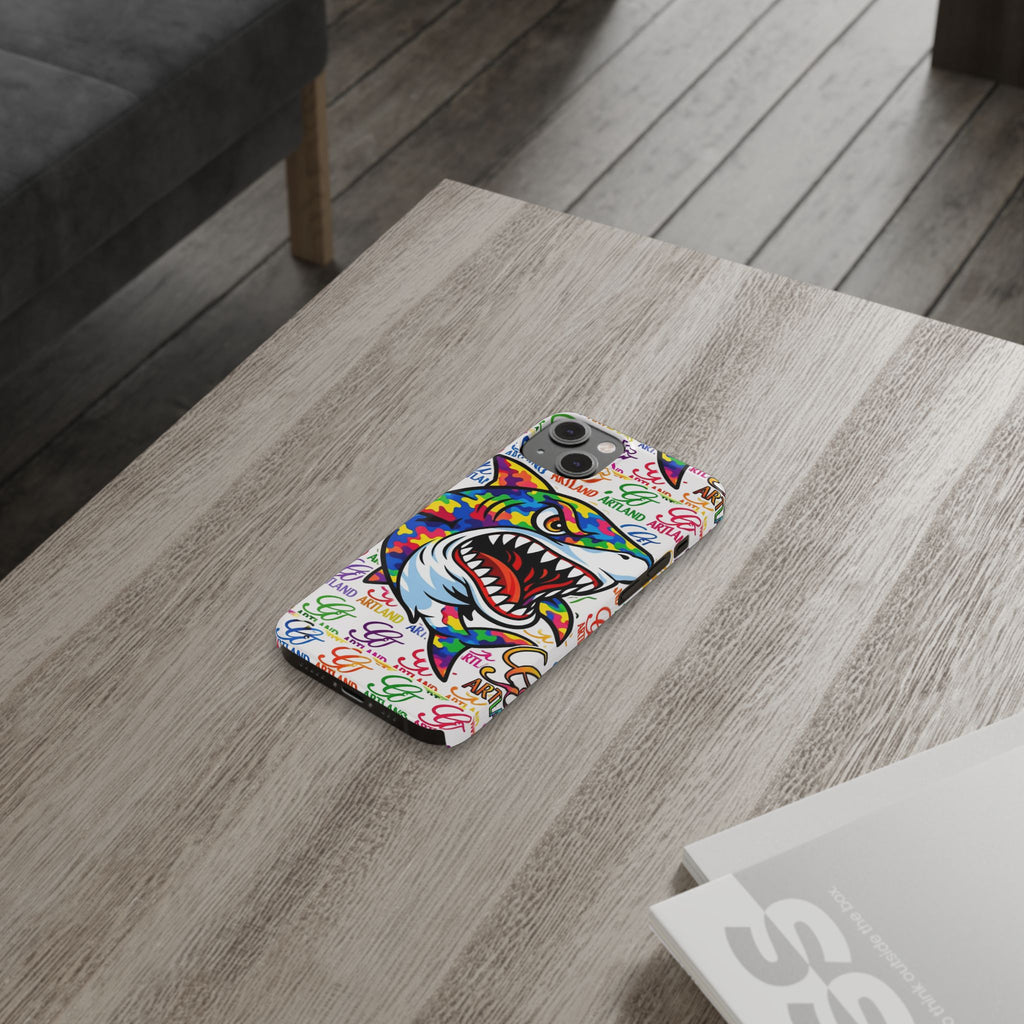 Colorful Camo Designer Shark GT Slim Phone Case | Vibrant Graphic, Artland Logo Background by GT Artland