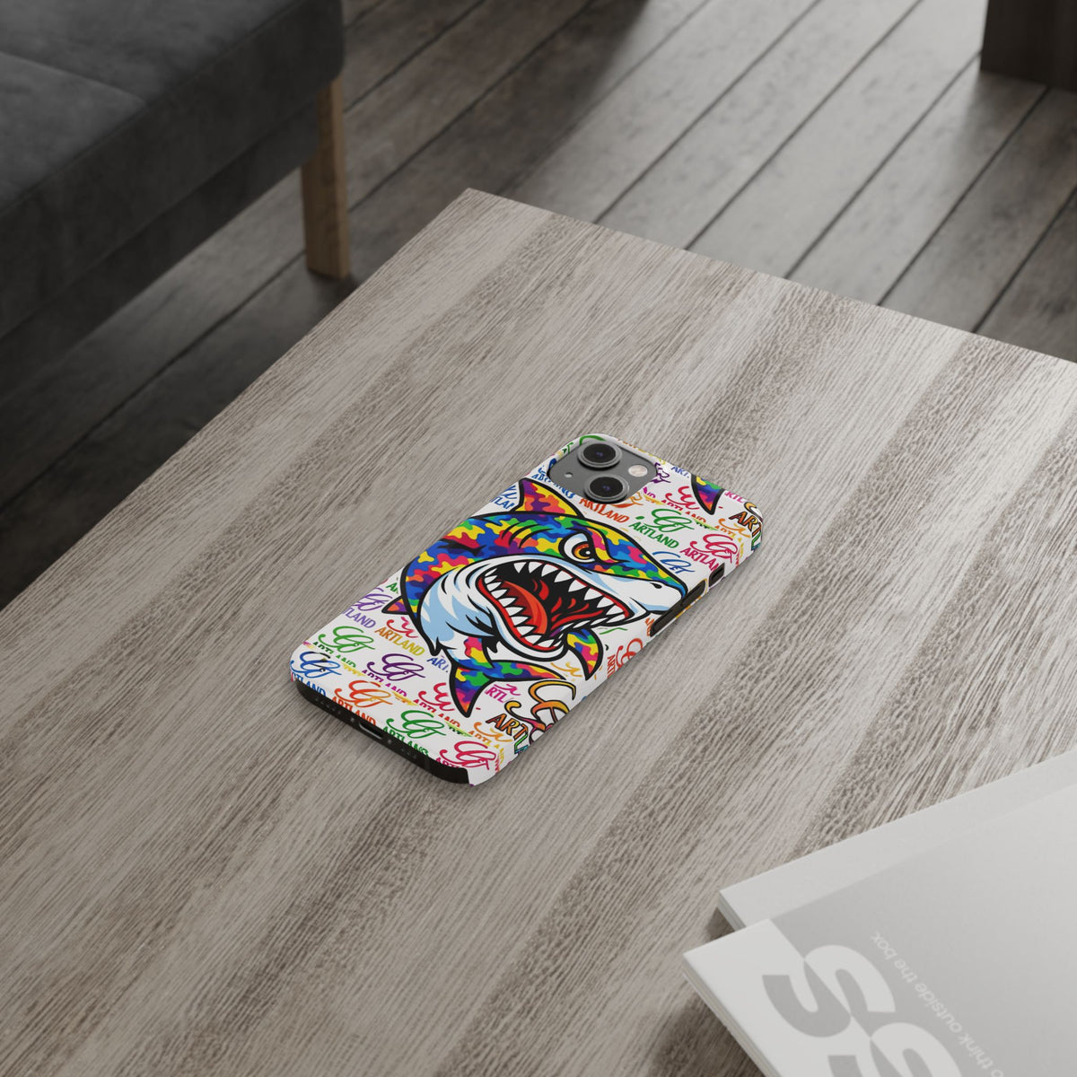 Colorful Camo Designer Shark GT Slim Phone Case | Vibrant Graphic, Artland Logo Background by GT Artland