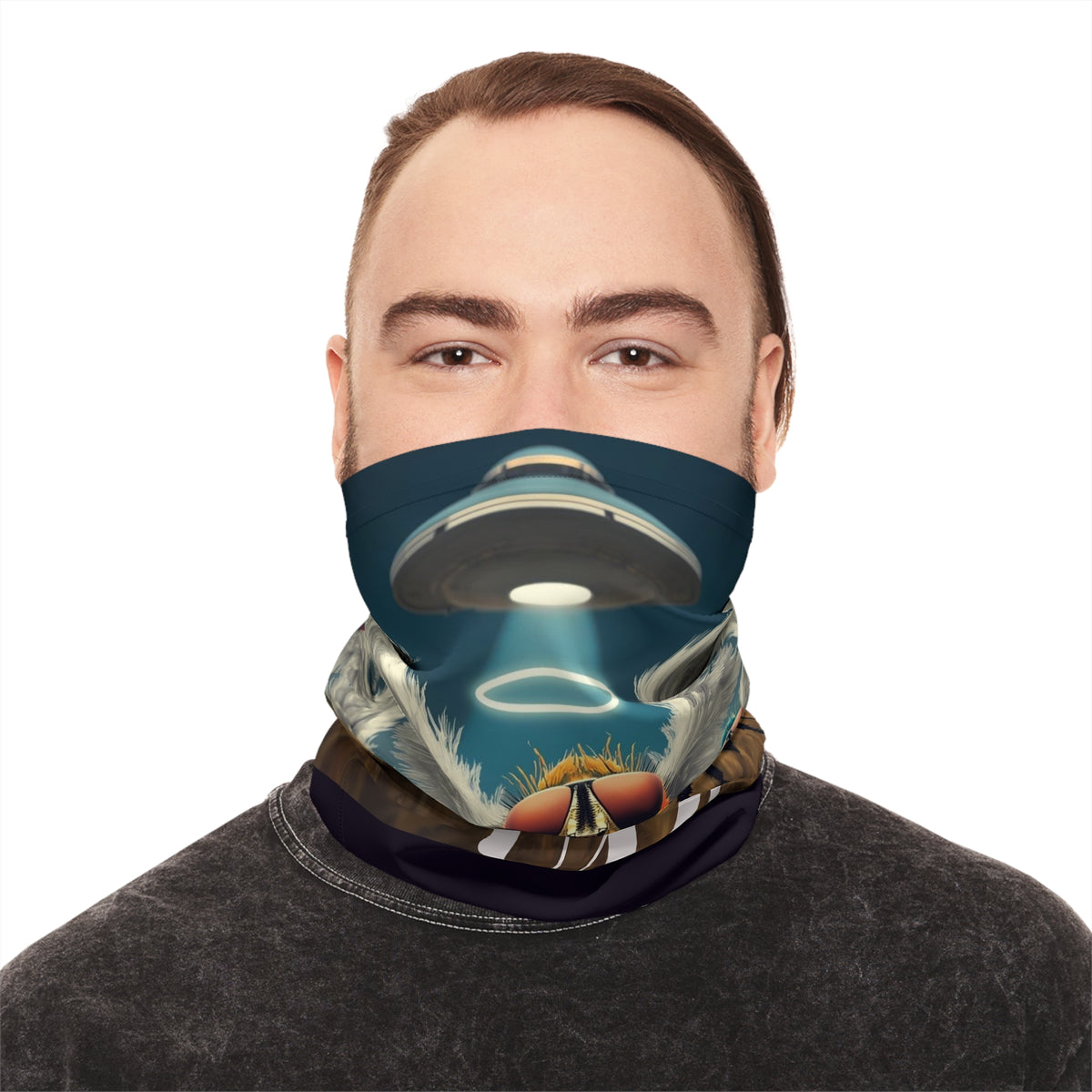 UAP Flying Insects with UFO Halo Neck Gaiter | Alien Mask Neckwear Design