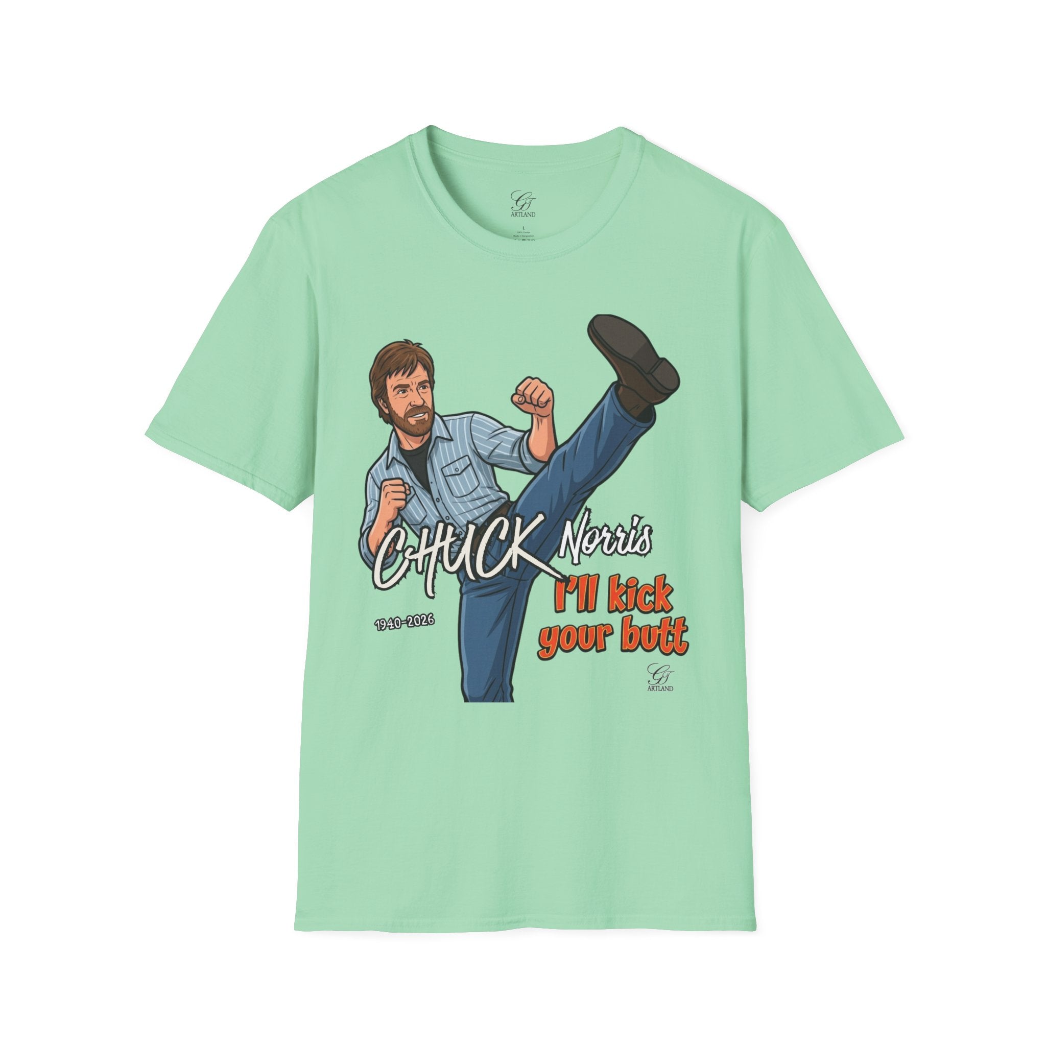 Chuck Norris Kick Illustration T-Shirt | I'll Kick Your Butt text by GT Artland