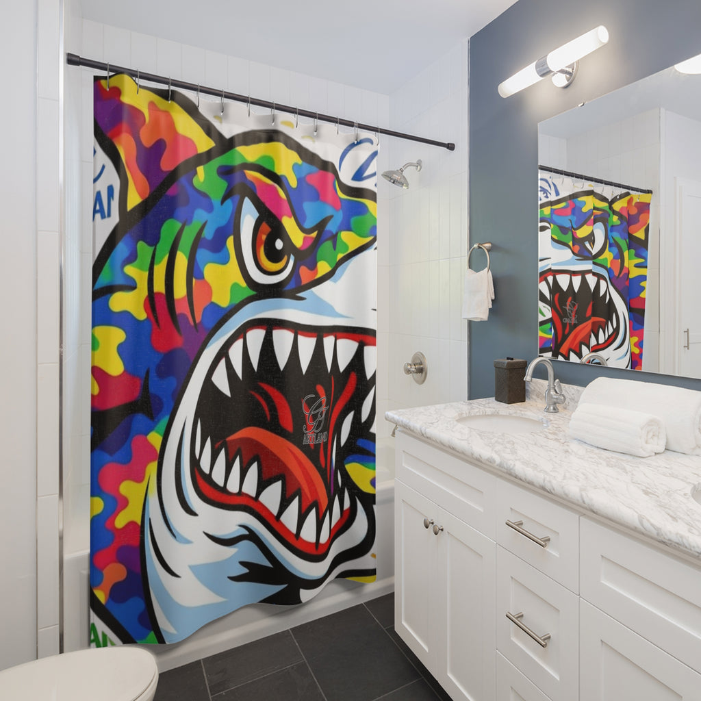 Colorful Camouflage Designer Killa Shark GT Shower Curtain | Bold Ocean Art, Whale Shark Print by GT Artland