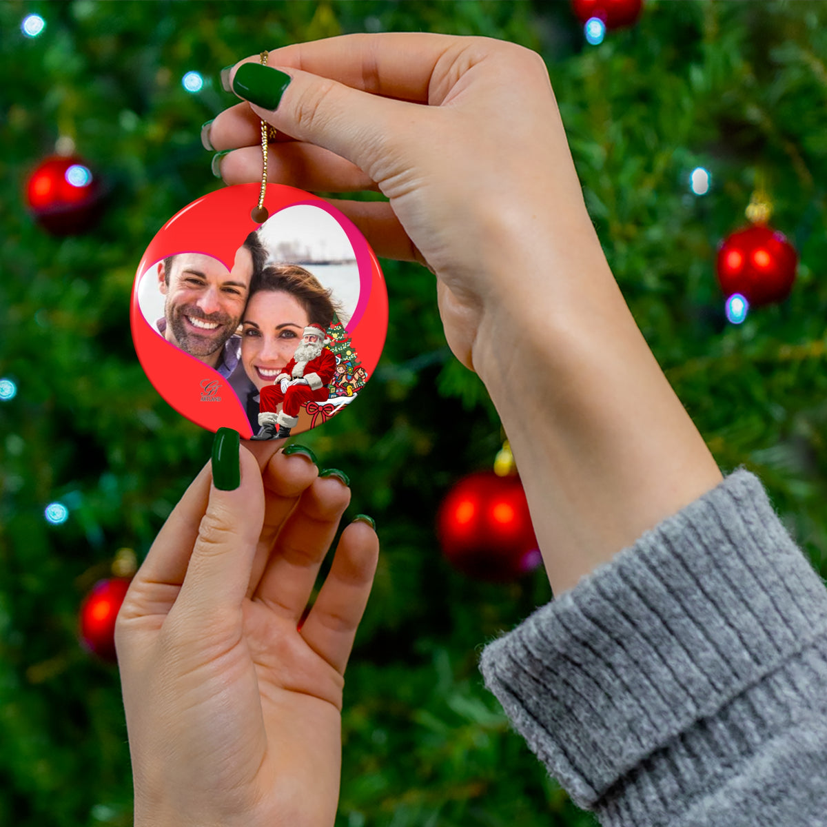 Personalized Photo Christmas Ornament — Ceramic Heart Round Holiday Keepsake by GT Artland