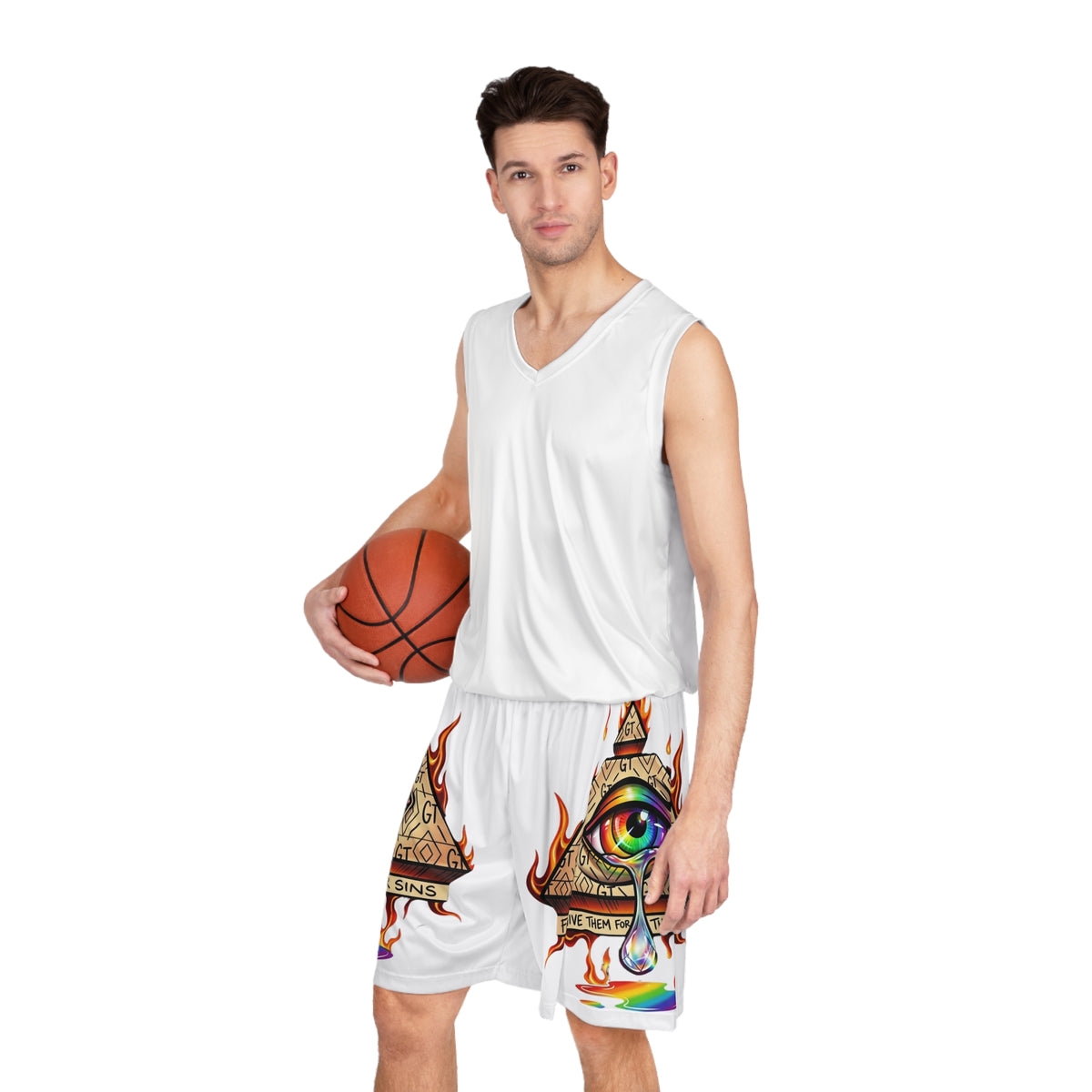 Rainbow Eye Triangle Basketball Shorts | Flame Pyramid Print