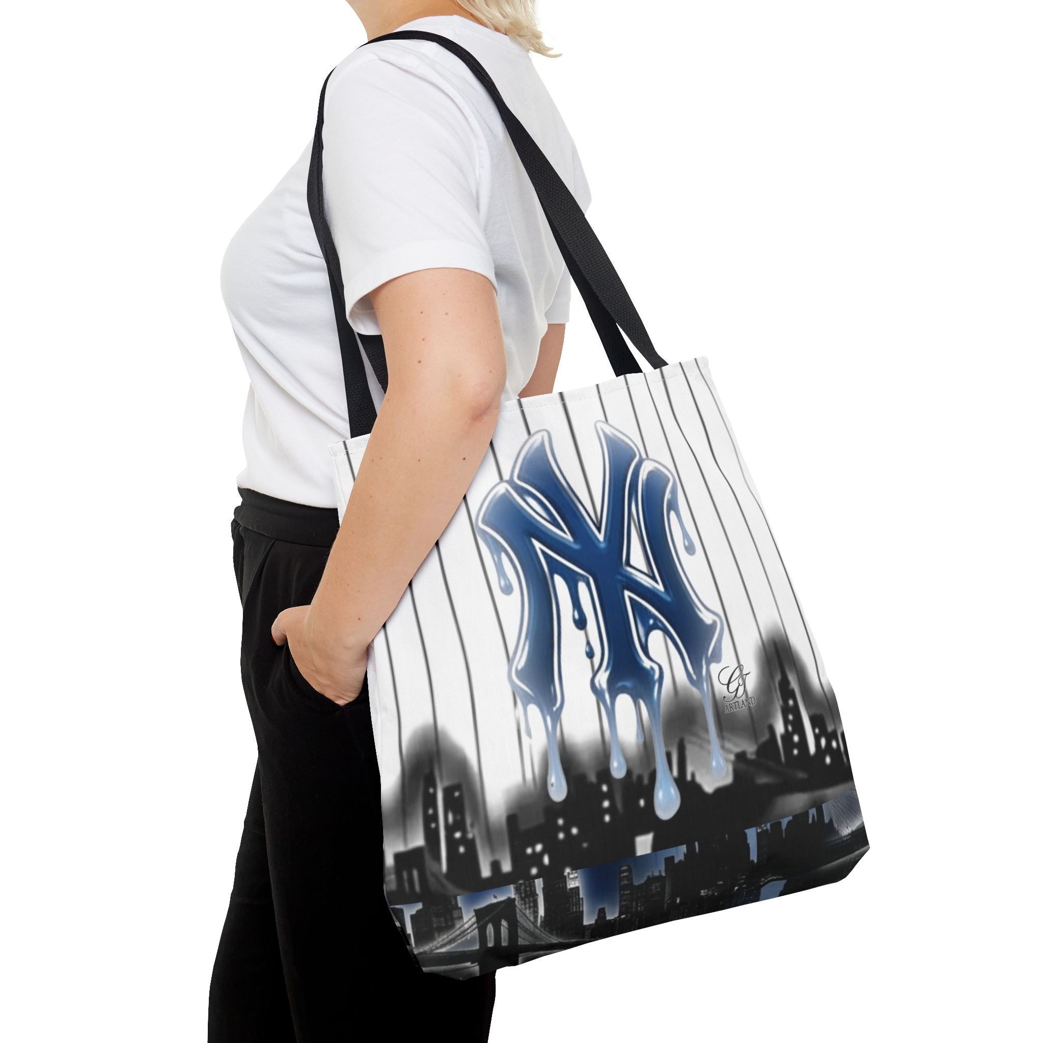 City NYC Drip Personalized Any Name Any Number Tote Bag — Custom Name Pinstripe NYC Design by GT Artland