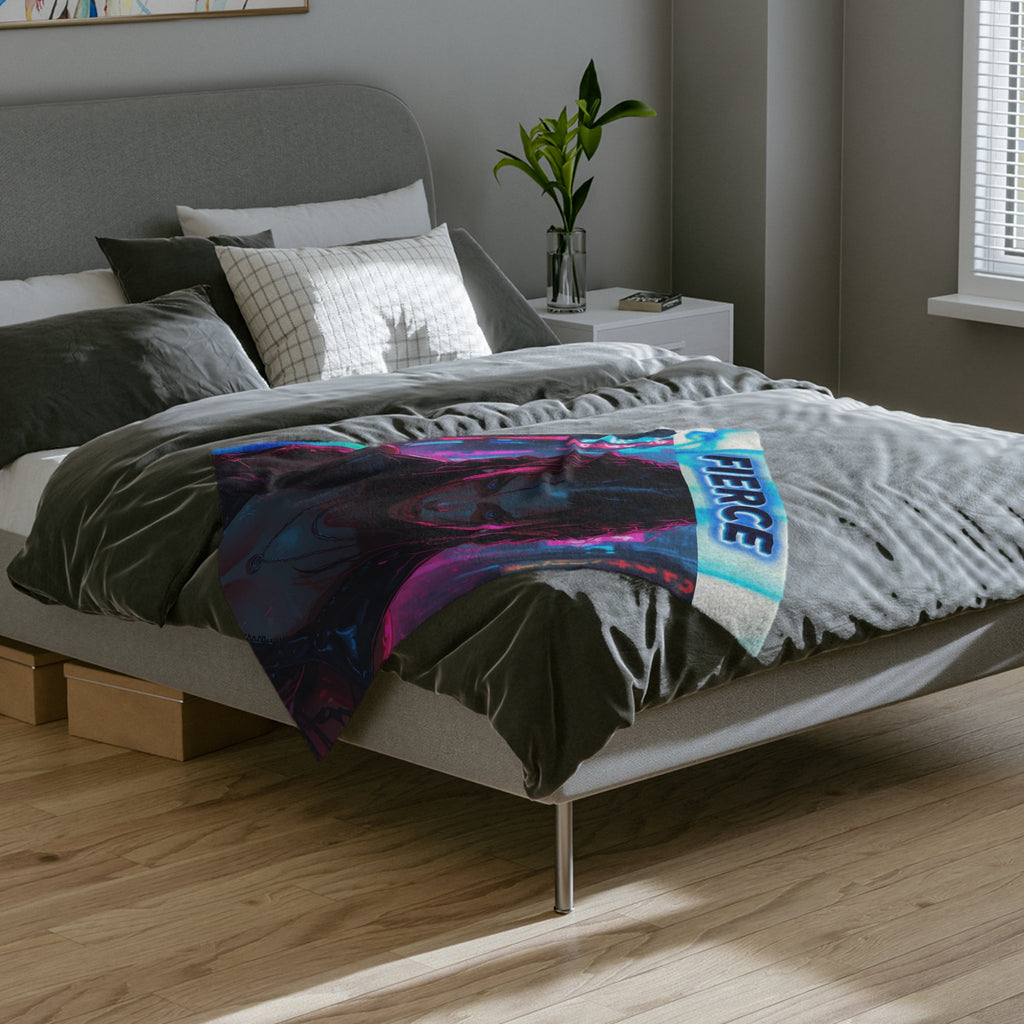Neon Cyberpunk "Fierce" Female Velveteen Blanket | Fierce Retro Futuristic Art