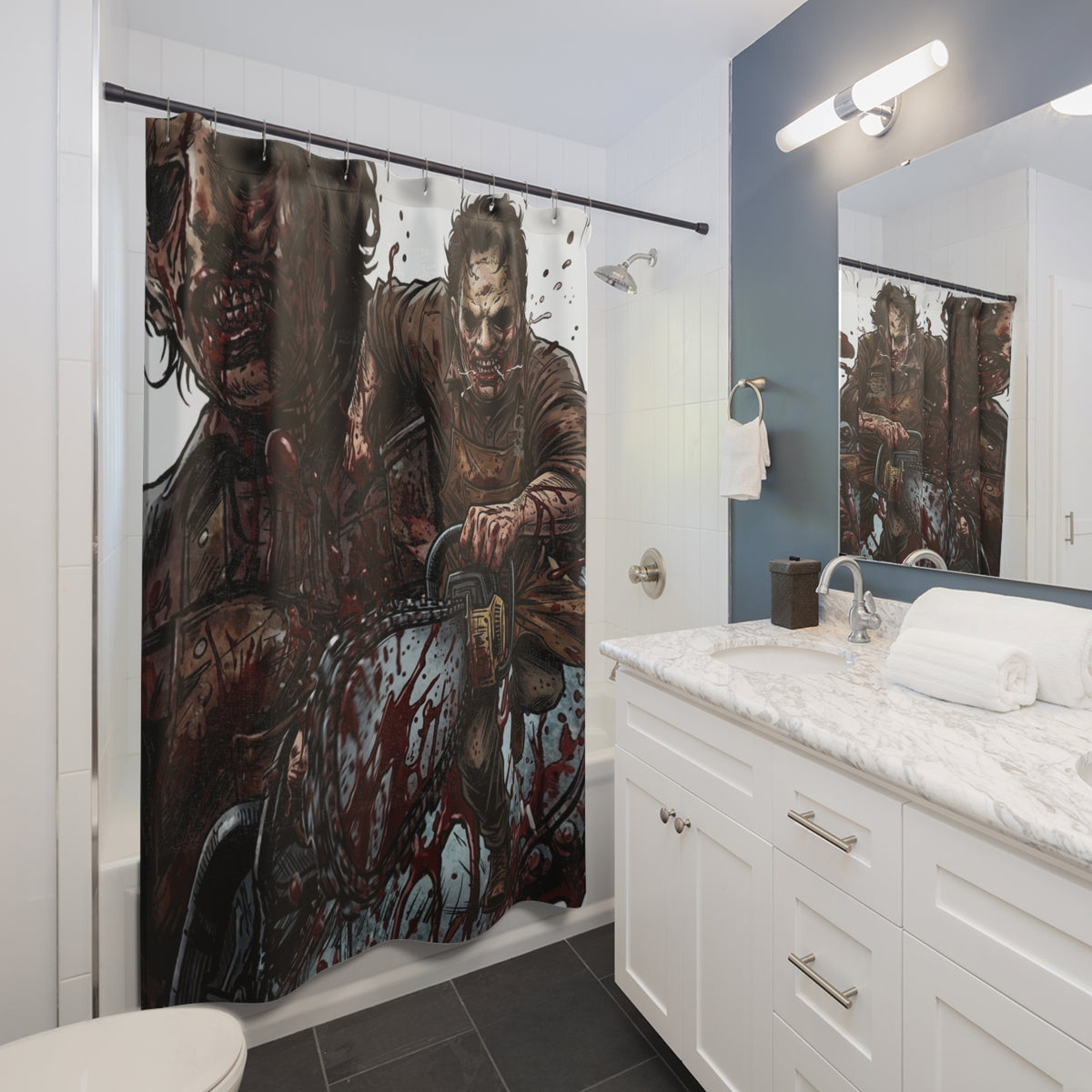Leatherface Chainsaw Horror Shower Curtain | Bloody Slasher Bathroom Decor by GT Artland