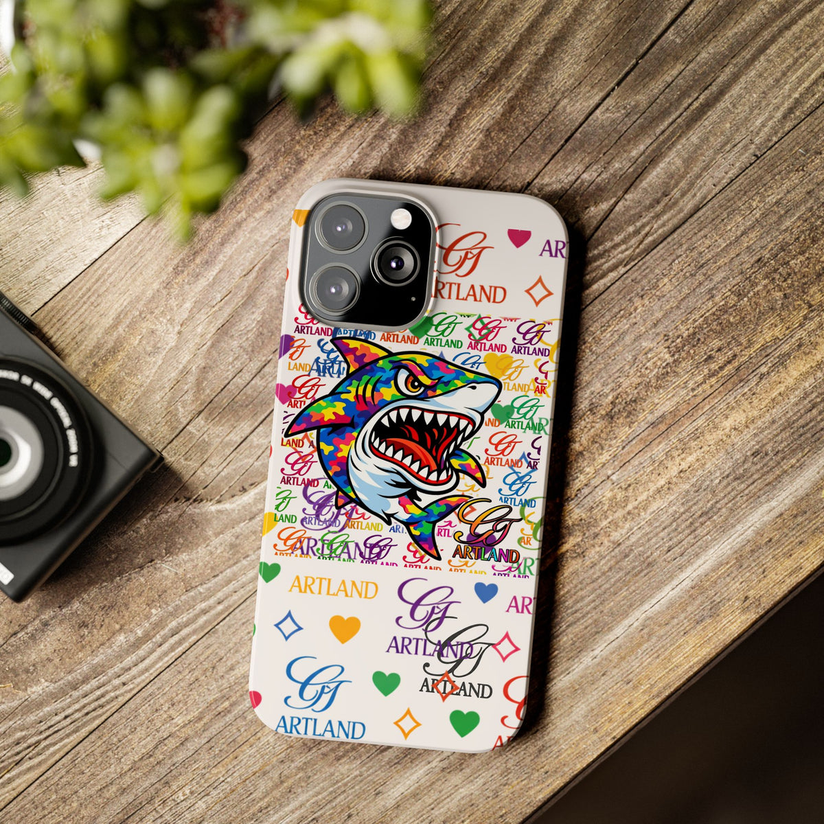 Colorful Designer Shark GT Illustration Slim Phone Case | Rainbow Logo Pattern by GT Artland