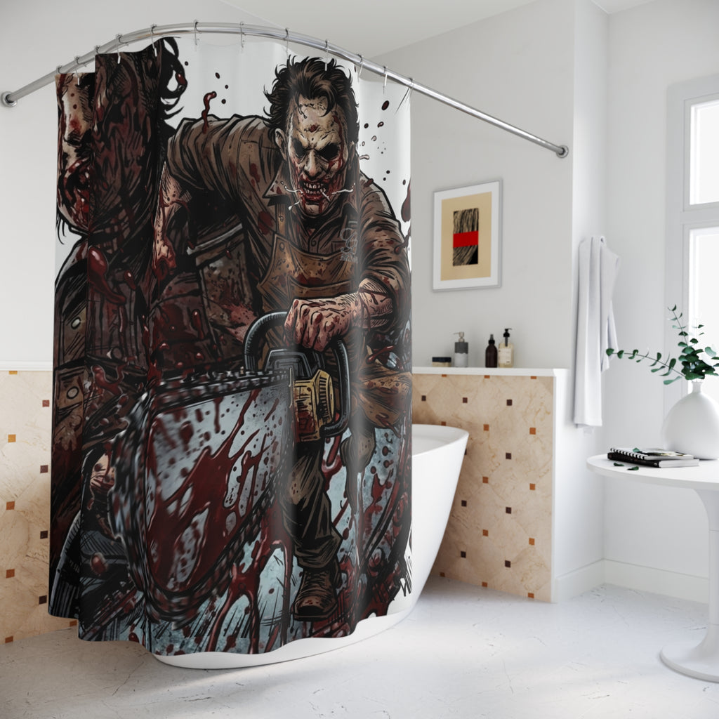 Leatherface Chainsaw Horror Shower Curtain | Bloody Slasher Bathroom Decor by GT Artland